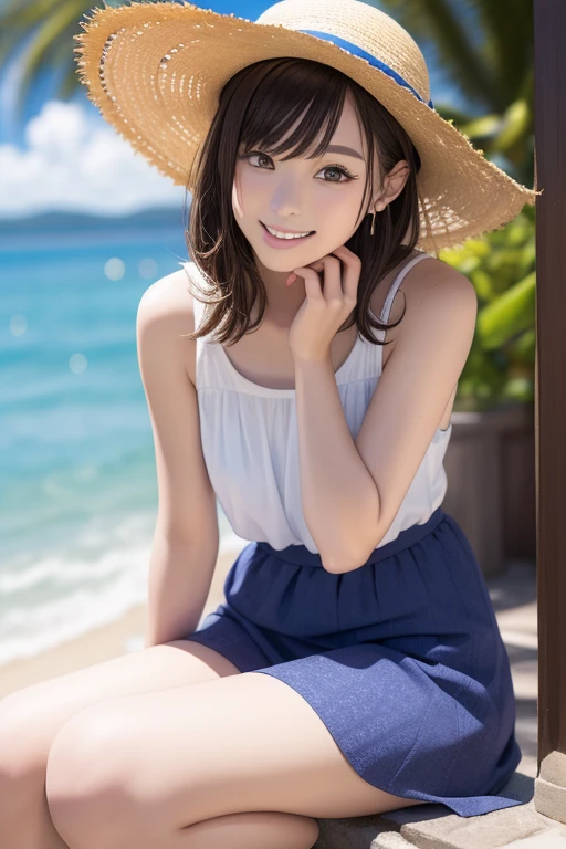 FULL BODYSHOT、top-quality、hight resolution、Brown hair、length hair、Brown and loose perm,、Blue hairpin、Sleeveless dress、kindly smile、Skirt below the knee、skinny  body、tiny chest、Floral dress、Sweaty skin、shores、The seaside looks fun、blue-sky、The wind is fluttering my hair、Keep your mouth shut、Cool dress、Wearing a straw hat