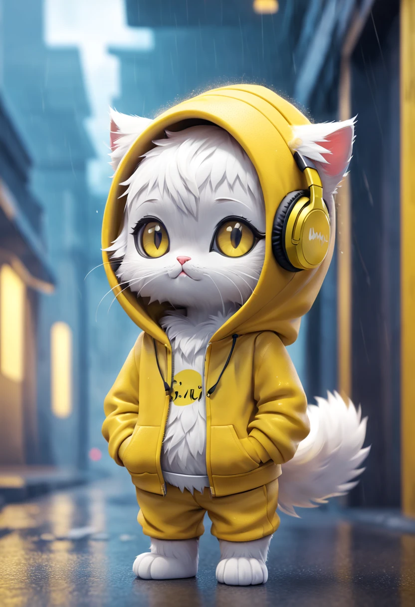 Cute kitty cat with fluffy fur wearing yellow outfit, one hoodie and headphones, The background is modern and inorganic, Adorable Digital Painting, 3d rendered, Bright lighting, Vibrant colors,  outside and raining