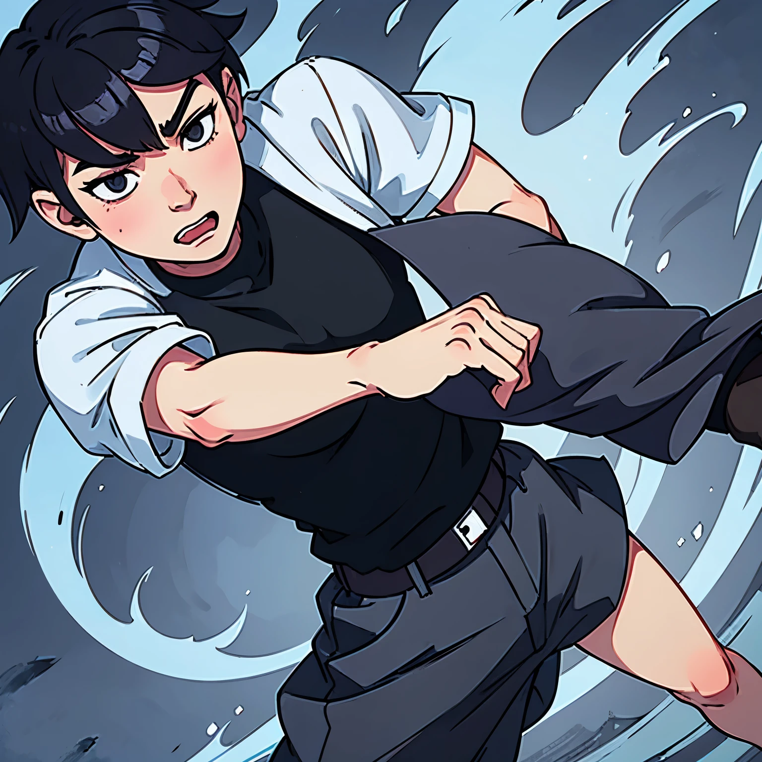 (best quality:0.8) perfect anime illustration, a man, with a wolf cut hairstyle, wearing a short black shirt, wearing white trousers, with an annoyed face, on a tall, beautiful hill
