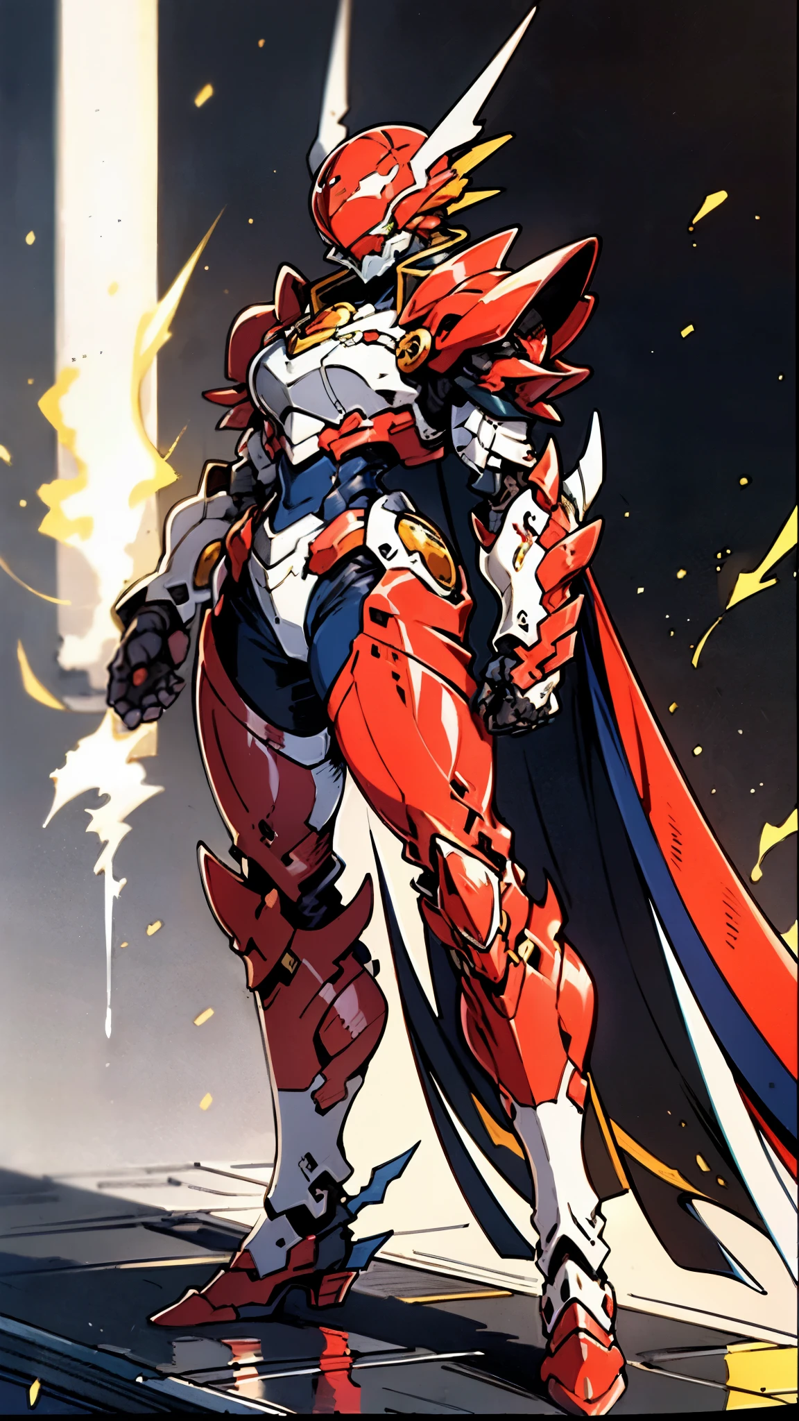 A woman adorned in fantasy-style full-body armor, a crown-concept fully enclosed helmet that unveils only her eyes, a composite layered chest plate, fully encompassing shoulder and hand guards, a lightweight waist armor, form-fitting shin guards, the overall design is heavy-duty yet flexible, ((the armor gleams with a golden glow, complemented by red and blue accents)), exhibiting a noble aura, she floats above a fantasy-surreal high-tech city, this character embodies a finely crafted fantasy-surreal style armored hero in anime style, exquisite and mature manga art style, (Queen bee mixed with Spider concept Armor, plasma, blood), ((Element, energy, elegant, goddess, femminine:1.5)), metallic, high definition, best quality, highres, ultra-detailed, ultra-fine painting, extremely delicate, professional, anatomically correct, symmetrical face, extremely detailed eyes and face, high quality eyes, creativity, RAW photo, UHD, 32k, Natural light, cinematic lighting, masterpiece-anatomy-perfect, masterpiece:1.5