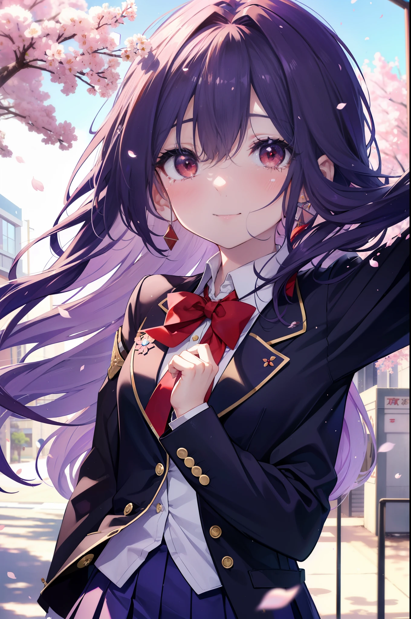 yuukikonno, Yuki Konno, hair band, long hair, pointed ears, purple hair, Ahoge,(red eyes:1.5), (small breasts:1.2), open your mouth,smile,blush,graduation ceremony,tilting the head,happy atmosphere,Big tears fall down her face,big tears of joy, break skirt, shirt, ribbon, school uniform, Jacket, 白色 shirt, 紫色 Jacket, pleated skirt, purple blazer, White pantyhose,brown loafers,school building,Cherry blossoms are scattered,Cherry blossom tree-lined path,school uniformを着た生徒の群衆,ピンク色の景色
break looking at viewer, Upper body, whole body,
break outdoors, School,school building,
break (masterpiece:1.2), highest quality, High resolution, unity 8k wallpaper, (figure:0.8), (detailed and beautiful eyes:1.6), highly detailed face, perfect lighting, Very detailed CG, (perfect hands, perfect anatomy),