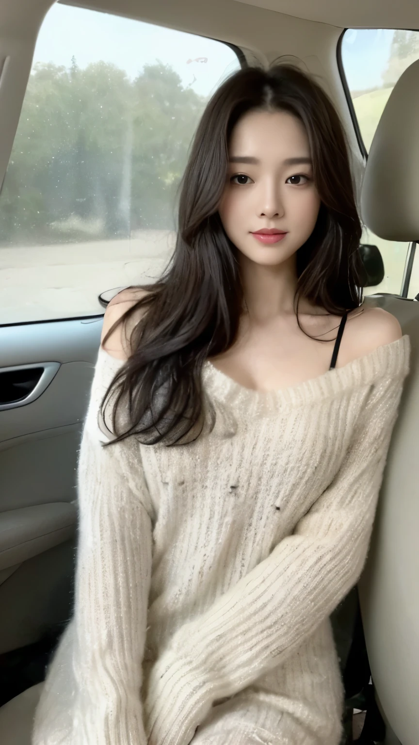 ((top-quality、8k、​masterpiece:1.3))、Beautiful woman with perfect body:1.4、slim abdomen:1.2、Longhair, normal breast, Highly detailed facial and skin texture, A detailed eye, delicate eyes, double eyelid, (smile), (full body shot), ((in the car 1.1)), (sitting on car), (((wearing white sweater dress1.1 )), looking in front, (plain grey background)