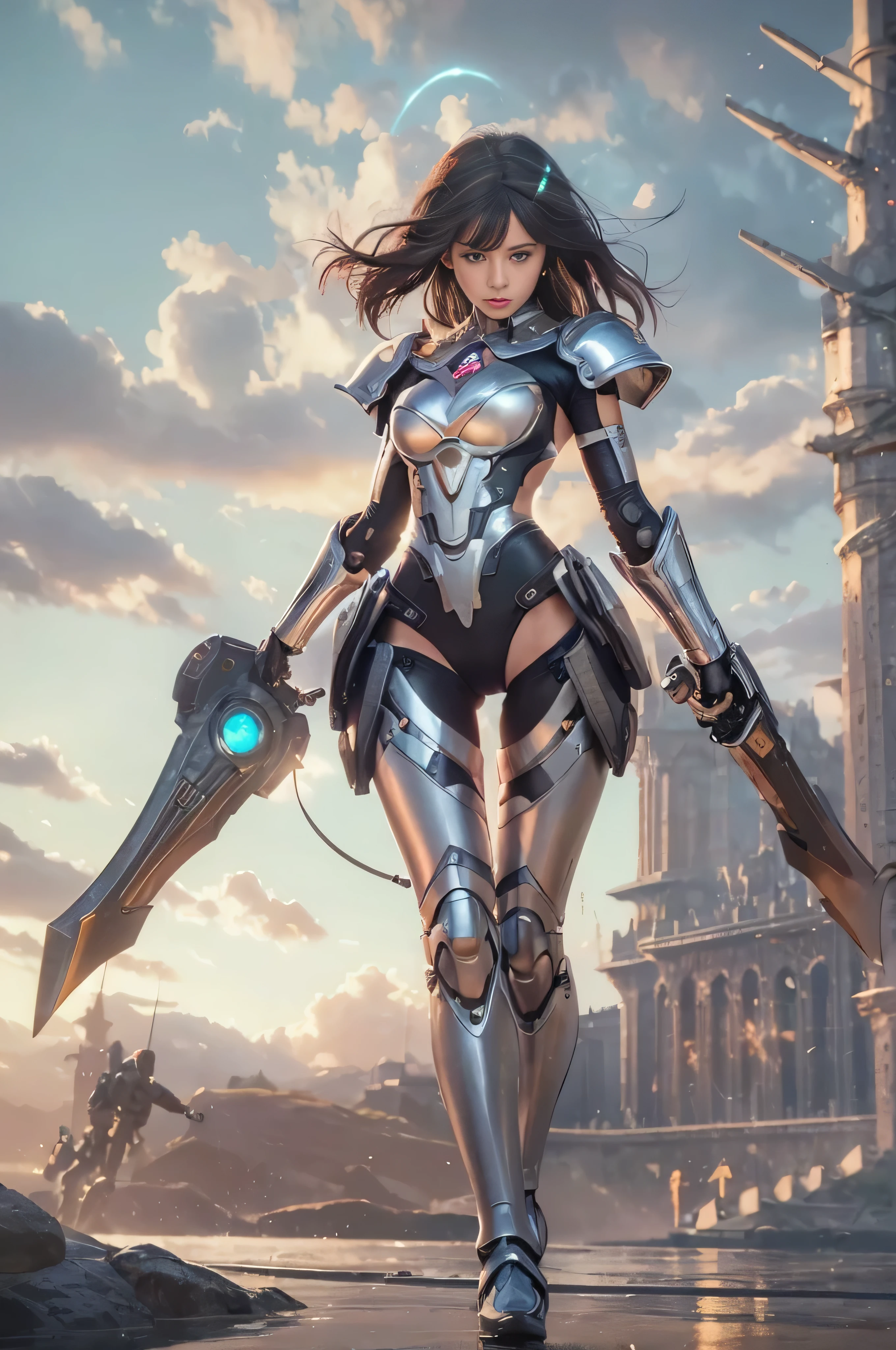 Gradient Color Hair、long fluttering hair、long hair flowing with the wind、Breasts are small and B size、Cleavage is visible。photoRealstic、Colorful Evangelion-style metal mecha suit、detailed mechanical components、Metal cylinder、Fine parts、Giant robot standing behind、high-heels、Finish as shown in the photo、Eyes are double(A detailed eye), Beautifully detailed、beautifull detailed face、Grab viewers' eyes with attractive poses、Futuristic battlefield at night、Eyes are on the viewer、