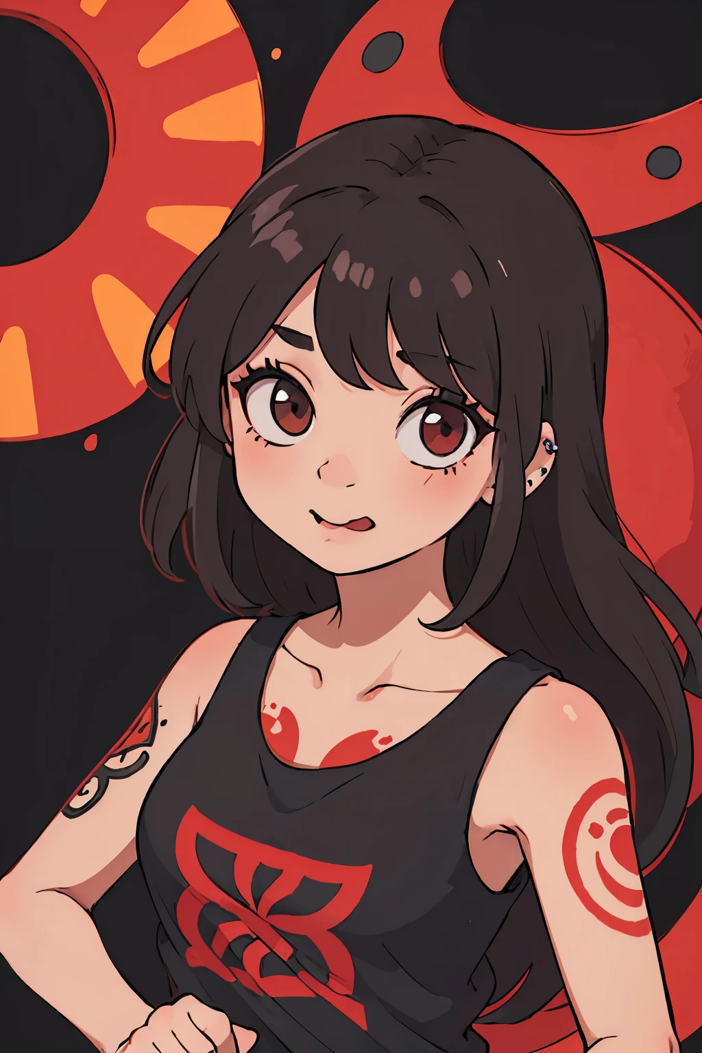 Cute girl, black and brown hair, red summer dress, tongue out, piercing, tattoos
