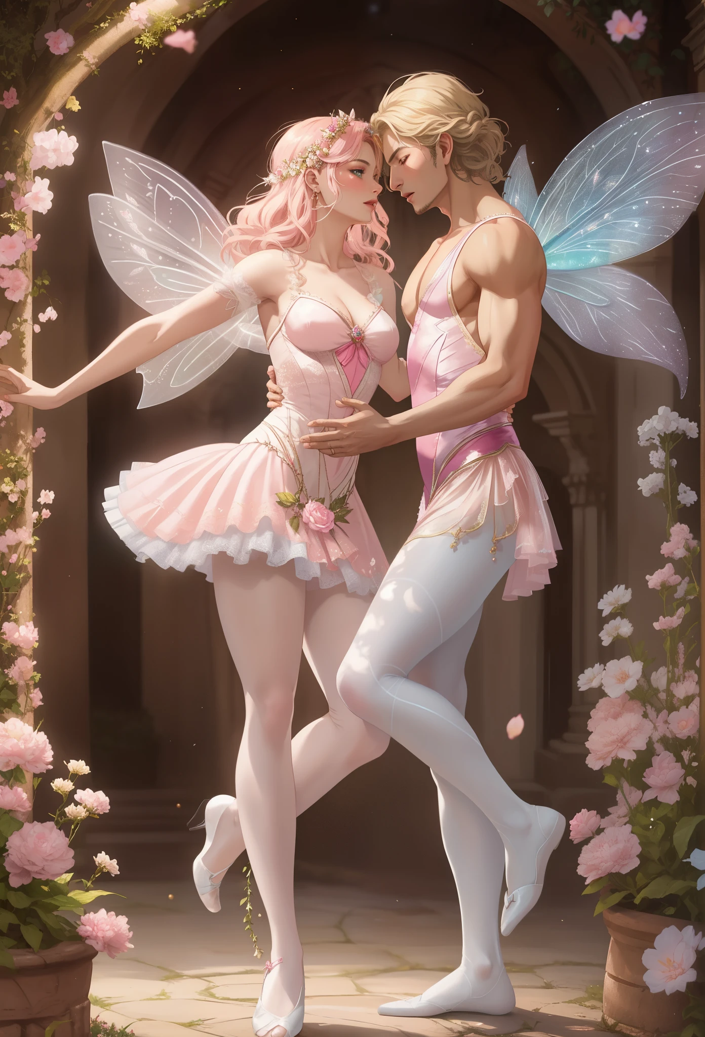 a man and woman in pink fairy costumes and tights are dancing in a garden, fairy dancing, beautiful fairies, faeries, margot robbie as a fairy, very magical and dreamy, daz studio genesis iray ultra hd, fairy aesthetics, fairies, beautiful render of a fairytale, fairycore, romance fantasy movie, by Alexander Kucharsky, fantasy fairytale story, daz studio genesis iray
