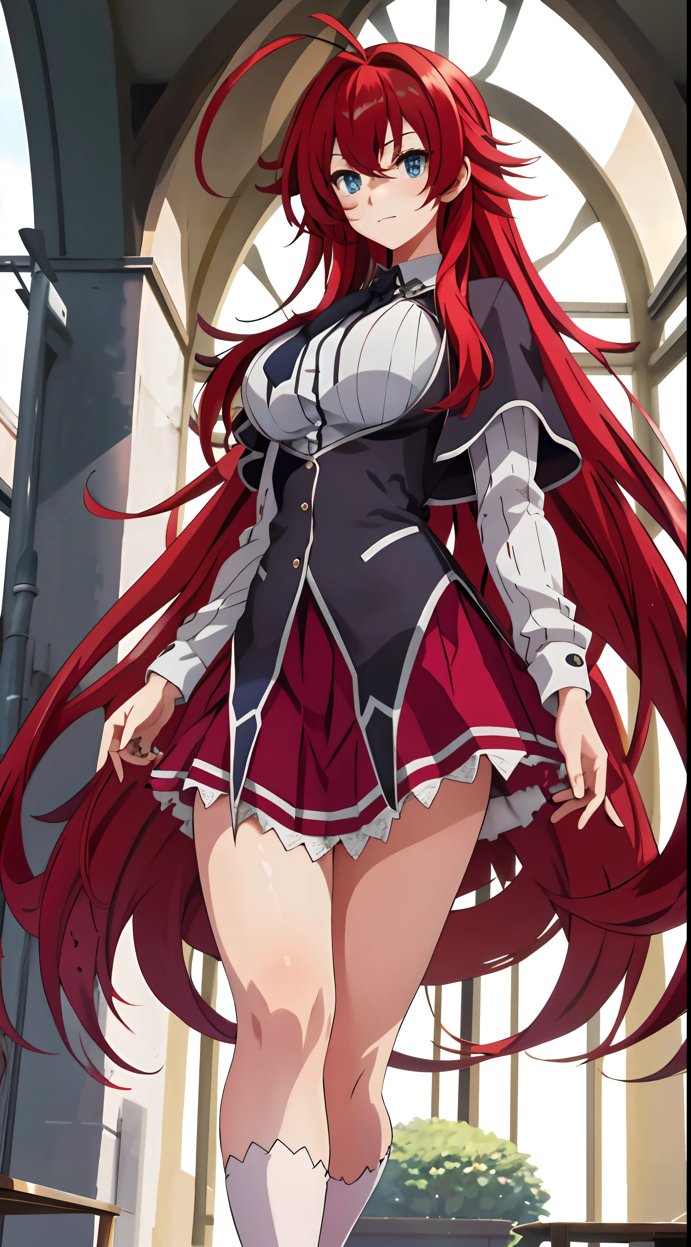 masterpiece, best quality, highres, best quality, highres, rias gremory, 1girl, long hair, school uniform, red hair, ahoge, blue eyes, large breasts, very long hair, medicbreasts, skirt, , socks, standing, outdoors,