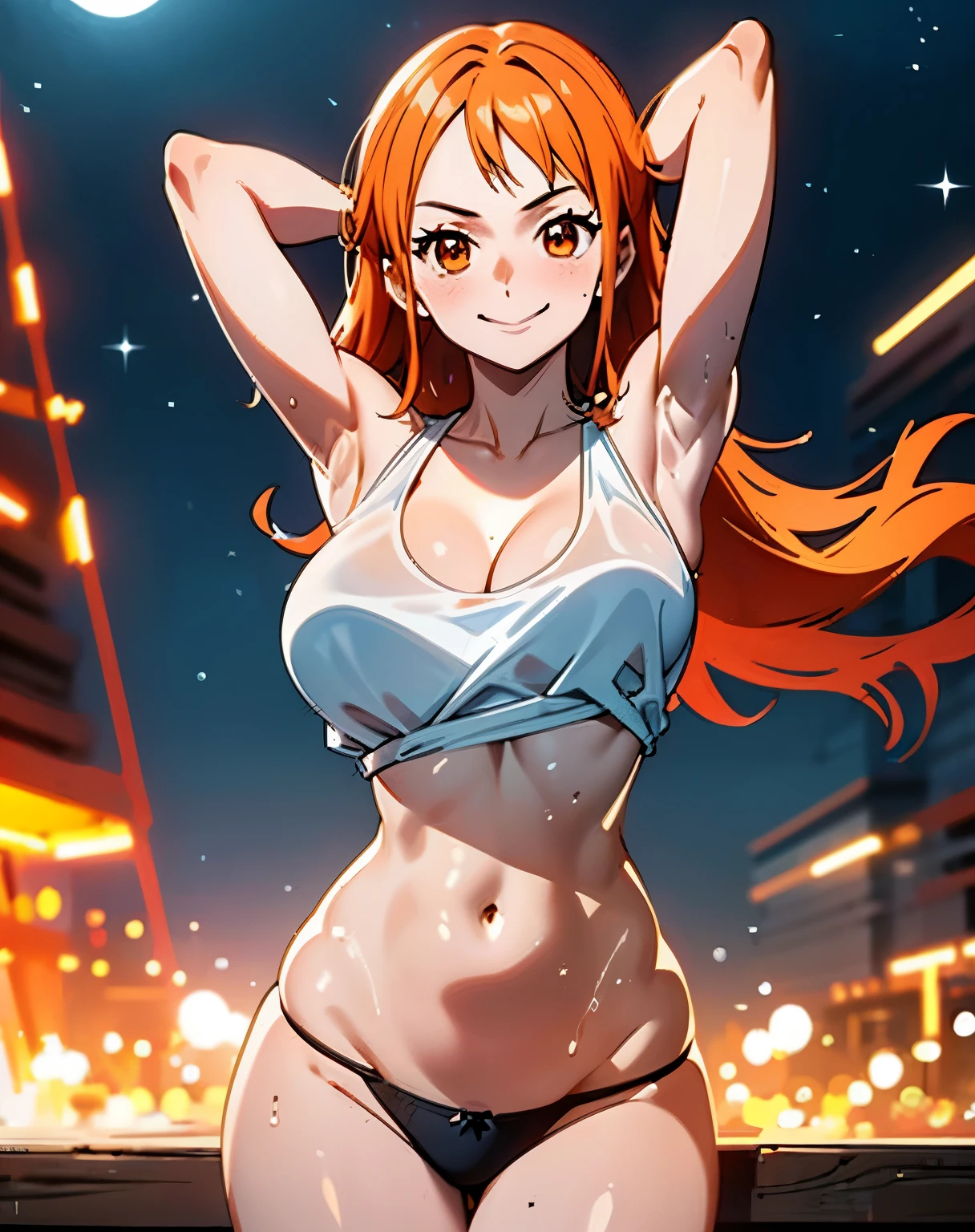 (masterpiece, best quality, high resolution, animescreencap, anime colored,), (perfect anatomy, beautiful detailed eyes, beautiful detailed body, beautiful breast, shiny skin), 1girl, orange hair, long hair, large breasts, smiling,orange eyes,large eyes , arms up behind head , armpits, looking at viewer, blushing,, ocean, night, seaside, stars, moon, white t-shirt,black thong panties, (((wet skin))