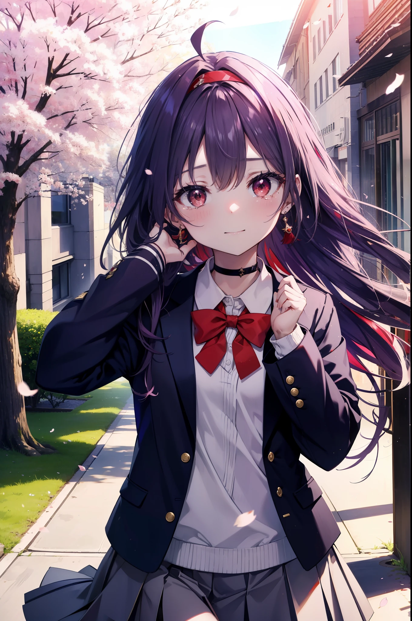 yuukikonno, Yuki Konno, hair band, long hair, pointed ears, purple hair, Ahoge,(red eyes:1.5), (small breasts:1.2), open your mouth,smile,blush,graduation ceremony,tilting the head,happy atmosphere,Big tears fall down her face,big tears of joy, break skirt, shirt, ribbon, school uniform, Jacket, 白色 shirt, 紫色 Jacket, pleated skirt, purple blazer, White pantyhose,brown loafers,school building,Cherry blossoms are scattered,Cherry blossom tree-lined path,school uniformを着た生徒の群衆,ピンク色の景色
break looking at viewer, Upper body, whole body,
break outdoors, School,school building,
break (masterpiece:1.2), highest quality, High resolution, unity 8k wallpaper, (figure:0.8), (detailed and beautiful eyes:1.6), highly detailed face, perfect lighting, Very detailed CG, (perfect hands, perfect anatomy),