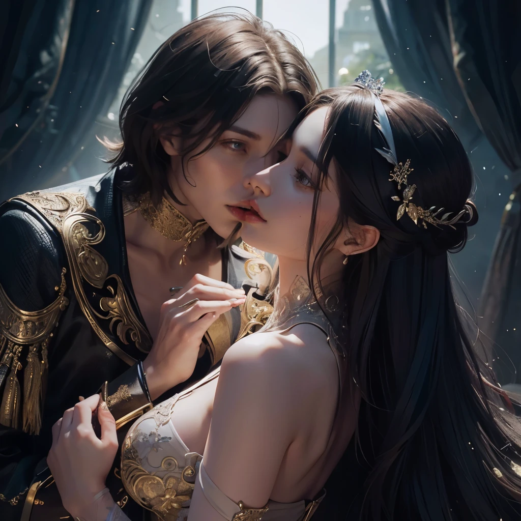 Concept art featuring two captivating figures: a bewitching woman with a magical allure that seduces men, and beautiful men mesmerized by her enchantment. The woman boasts a beautiful, ethereal face with shining skin, her allure accentuated by a see-through dress that reveals her intricate details. The composition is meticulously crafted, showcasing the best quality and most intricate details. The image exudes a sense of amazement and wonder, leaving viewers in awe with every detail in 4K.