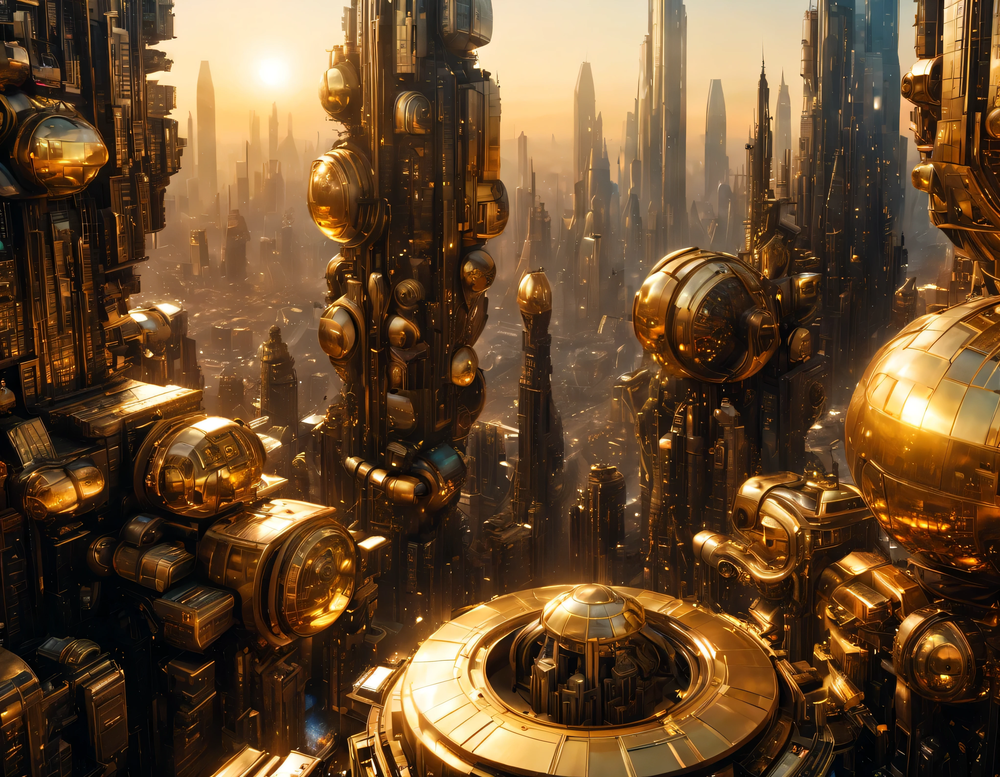 (golden hour lighting), megacity, megalopolis of an imaginary world of science fiction and maximum fantasy, con inmensos edificios ovalados y dodecaedricos agrupados de metal y cristal donde predomina el oro. imagen bien definida 8k, (intrincados detalles de la maquina), con muchos edificios juntos.(obra maestra de superior calidad).(imagen fotorrealista), nitidez absoluta hasta el fondo