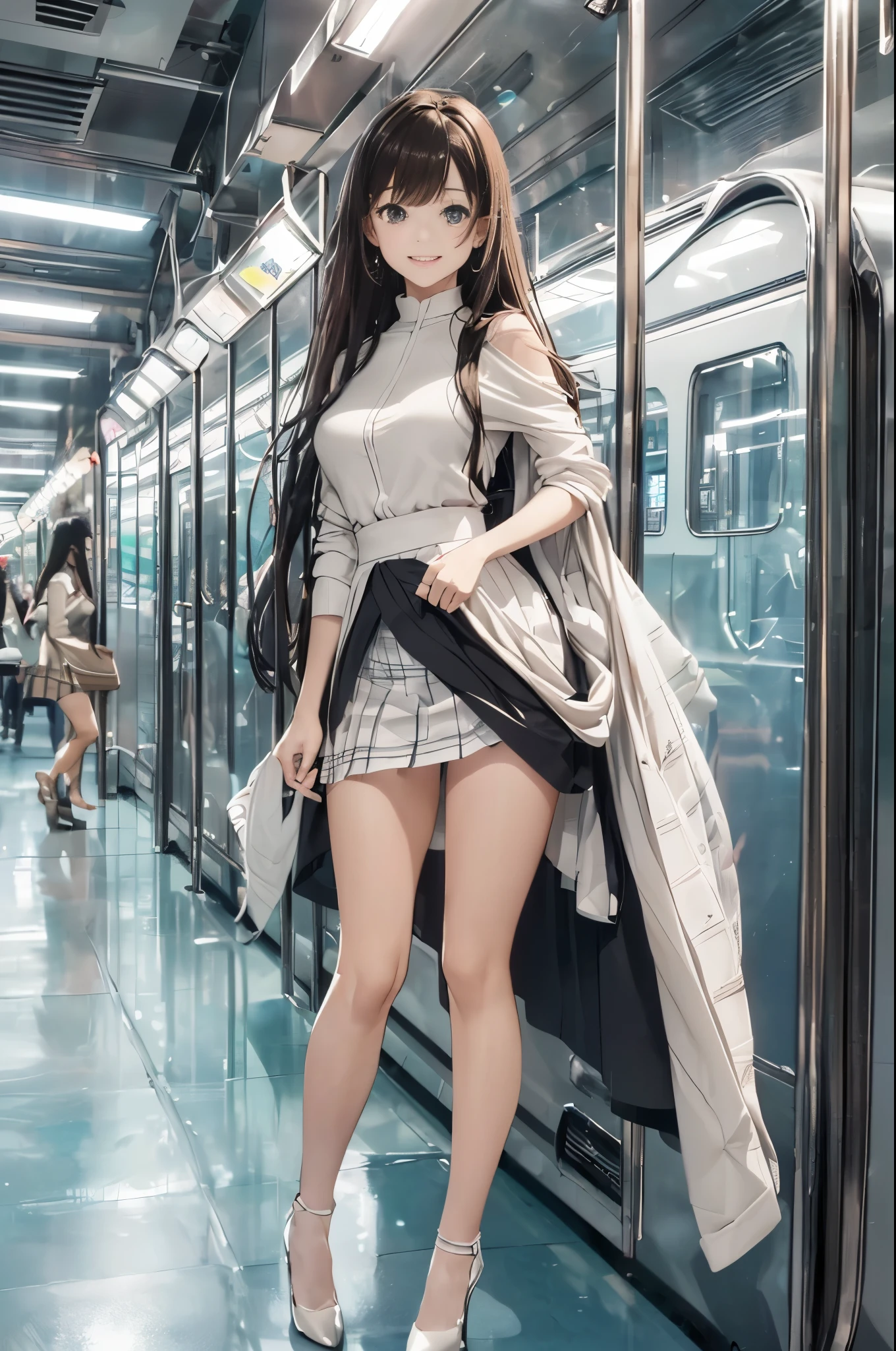 (Surreal)、(lamplight)、(A high resolution)、(8K)、(The content is very detailed)、(Best Best Illustration)、(beautidful eyes)、(quality)、(ultra - detailed)、(tmasterpiece)、(wall-)、(A detailed的the face)、solo、1 girl in、looking at viewert、Fine and detailed、A detailed的the face、In the darkness of the night、Depth shadows、low pitch、purebred face_v1、A smile、long、Black shawl straight hair、46 points oblique bangs,female student、(Brightly colored mini skirt,What about the lattice)、A smile, actual, realistically, hight contrast, photon maping, Authentic images, super detailing, low angles: 1.5, 1 girl, Alone: 1.5, pop star, Kaibo idol, dress up like k-pop, sexy for, Open your legs forward, Fancy makeup, blazer jacket: 1.3, short skirt: 1.3,, high-heels, M-shaped open legs: 1.3, Open your legs 180 degrees, with an open crotch: 1.3, long brown hair, wet white: 1.5, You can see it from under the skirt: 1.3, Height 170 cm,ctextured skin