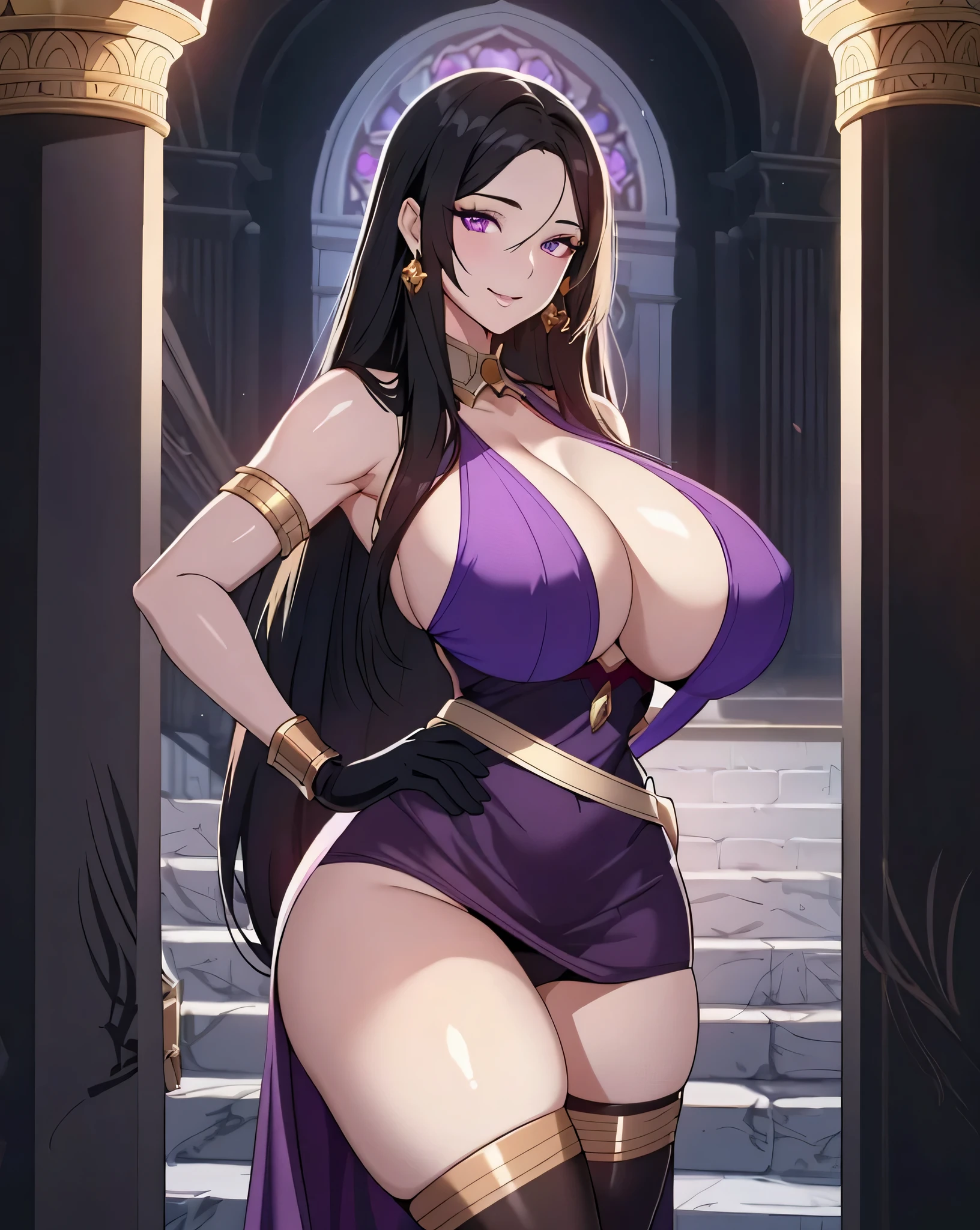 Lian, long black hair, hair stick, bangs, violet eyes, solo, smiling, standing, upper body, hips, bare shoulders,purple thighhighs,violet dress, gold jewelry,armor,gloves,circlet, cleavage, red and gold royal castle, gigantic breasts, (best quality, masterpiece, beautiful and aesthetic:1.2, highest detailed face, perfect face,) eyes, perfect face,expressive eyes,
looking at viewer, in the center of the image,(Upper_body),(Focus on her face),
official art,extremely detailed CG unity 8k wallpaper, perfect lighting,Colorful, Bright_Front_face_Lighting,shiny skin,
(masterpiece:1.0),(best_quality:1.0), ultra high res,4K,ultra-detailed