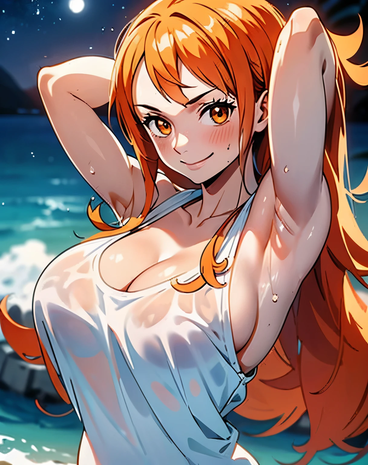 (masterpiece, best quality, high resolution, animescreencap, anime colored,), (perfect anatomy, beautiful detailed eyes, beautiful detailed body, beautiful breast, shiny skin), 1girl, orange hair, long hair, large breasts, smiling,orange eyes,large eyes , arms up behind head , armpits, looking at viewer, blushing,, ocean, night, seaside, stars, white t-shirt,black thong panties, (((wet skin))