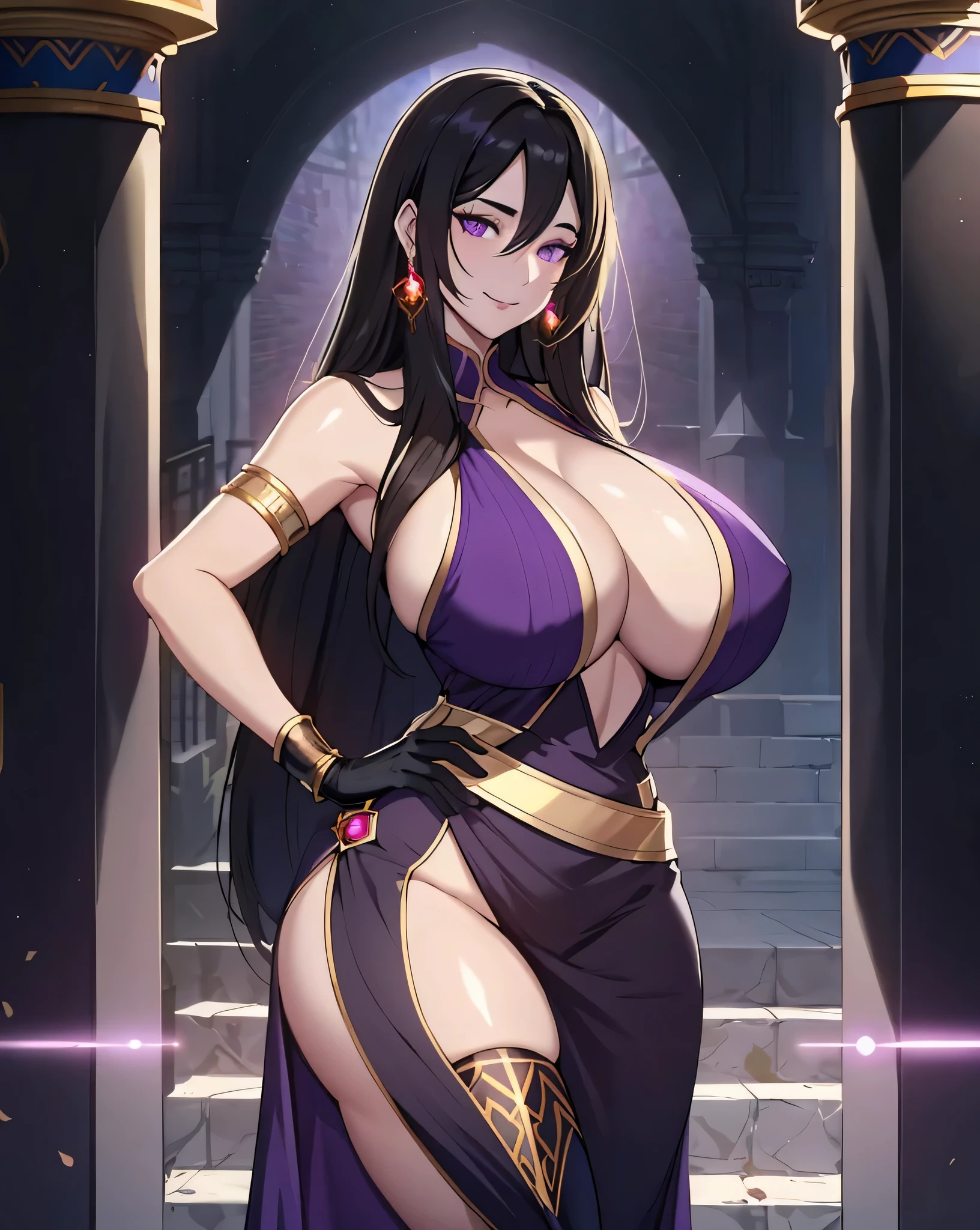 Lian, long black hair, hair stick, bangs, violet eyes, solo, smiling, standing, upper body, hips, bare shoulders,purple thighhighs,violet dress, gold jewelry,armor,gloves,circlet, cleavage, red and gold royal castle, gigantic breasts, (best quality, masterpiece, beautiful and aesthetic:1.2, highest detailed face, perfect face,)  eyes, perfect face,expressive eyes,
looking at viewer, in the center of the image,(Upper_body),(Focus on her face),
official art,extremely detailed CG unity 8k wallpaper, perfect lighting,Colorful, Bright_Front_face_Lighting,shiny skin, 
(masterpiece:1.0),(best_quality:1.0), ultra high res,4K,ultra-detailed
