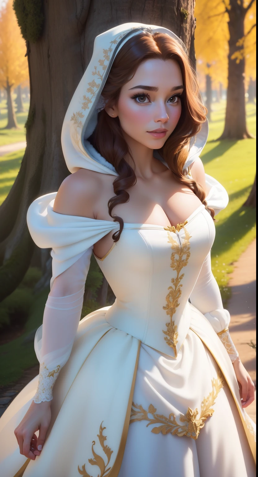 belle,1girl, solo, dress, brown eyes, hood, tree (masterpiece:1.2), (best quality), (ultra detailed), (8k, 4k, intricate),(full-body-shot:1), (highly detailed:1.2),(detailed face:1.2), (detailed background),detailed landscape, (dynamic angle:1.2), (dynamic pose:1.2), princess Belle, in white dress, sexy look 