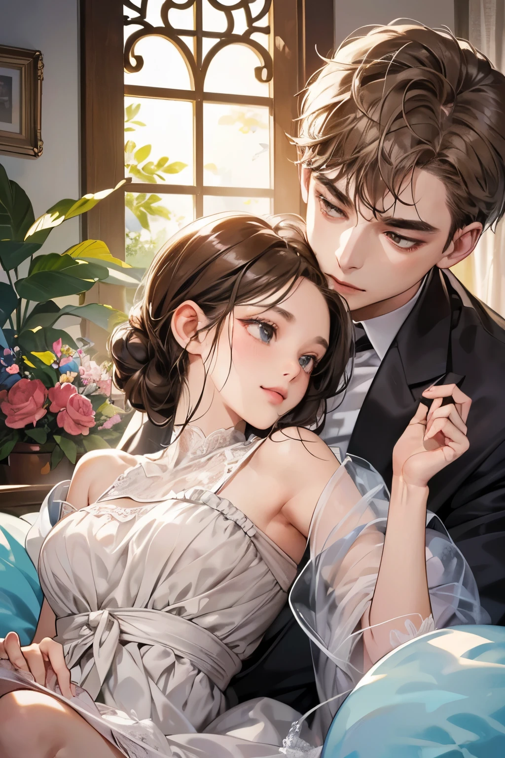 (table top, digital illustration, 4k, 8k, super detailed, beautiful images, clear image, perfect face, perfect lines, perfect eyes, soft lighting) 1 female, (light brown hair,chignon hair,innocent look,droopy eyebrows,droopy eyes、With a round face,round chin、innocence,cute,Big eyes,natural makeup,smile gently,E cup,23 years old:1.3),Two handsome men in suits, (human,man wearing a suit,muscular,solid shoulder width, boyish hairstyle,A man in his 30s with a cool expression,28 year old man with a bright smile:1.2),garden full of light、lots of flowers、squirt、colorful flower light,(embarrassing,shy smile:1.2),resort sofa,kiss、カップルkiss、romance porn、male and female couple、hug