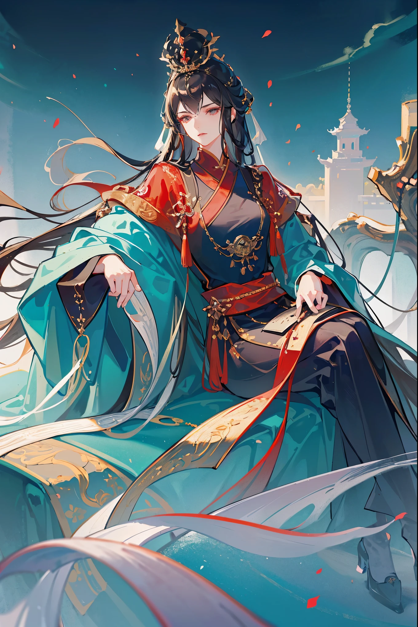 (extremely detailed 8K wallpaper),(ultra-detailed),(best quality),(masterpiece),(highly detailed),(cinematic lighting),(Original),Cold ligh，moody,(Chinese elaborate-style painting ),32K depth of field,1girl,(Queen),((image of female emperor)),((Immortal)),(long black hair)，((Majestic expression))，red clothes，palace