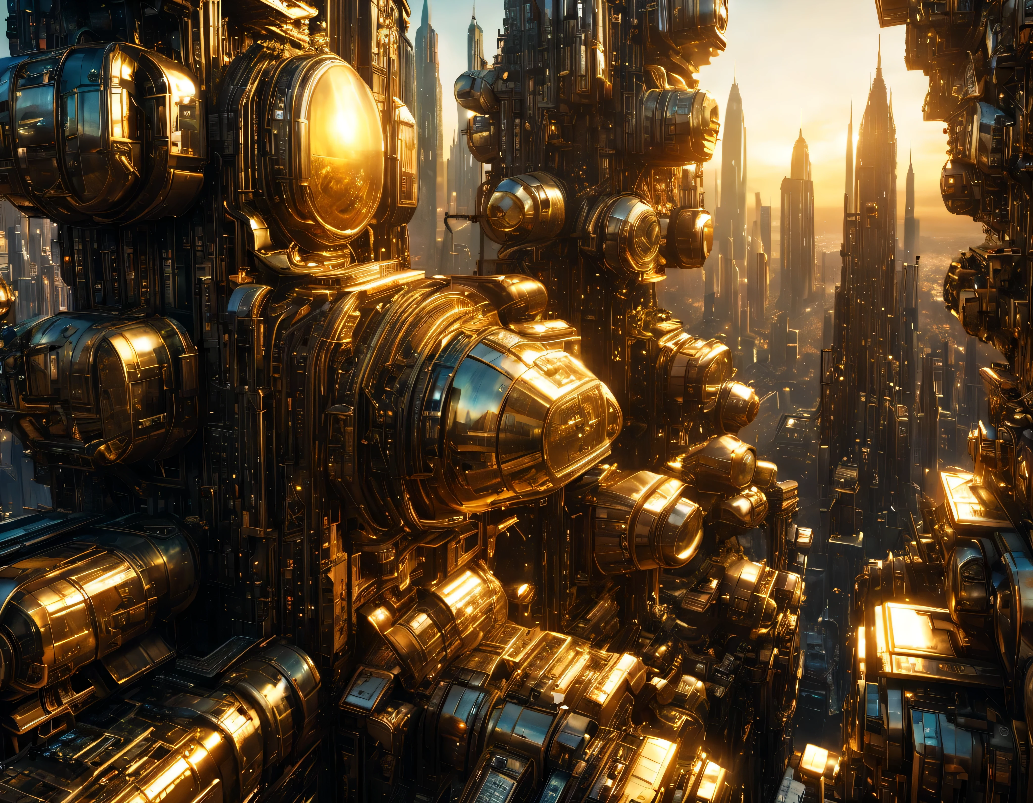 (golden hour lighting), megacity, megalopolis of an imaginary world of science fiction and maximum fantasy, con inmensos edificios ovalados y dodecaedricos agrupados de metal y cristal donde predomina el oro. imagen bien definida 8k, (intrincados detalles de la maquina), con muchos edificios juntos.(obra maestra de superior calidad).(imagen fotorrealista), nitidez absoluta hasta el fondo