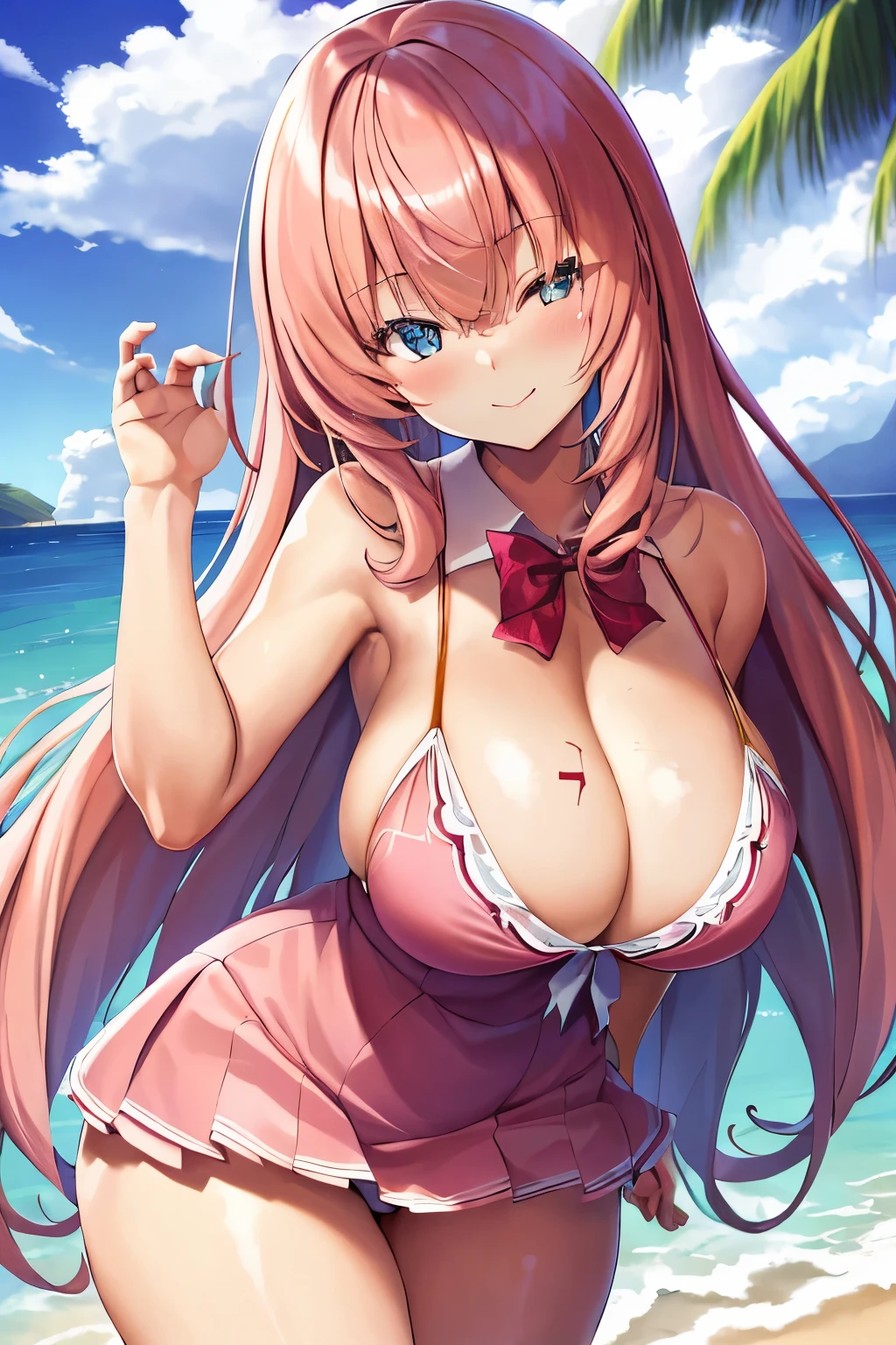 Big tits, masterpiece, best quality, highres, 1girl, ichinose honami, The landscape,With gorgeous pink hair,a blue eyes,Bigchest,(highdetailskin:1.2),laced dress,the shy,Happy,face flushed,Elegant, Ultra small and tight bikini, she wear only bikini, Smooth skin,back to look back,ssmile,close one eye, Background with((Hawaiian))