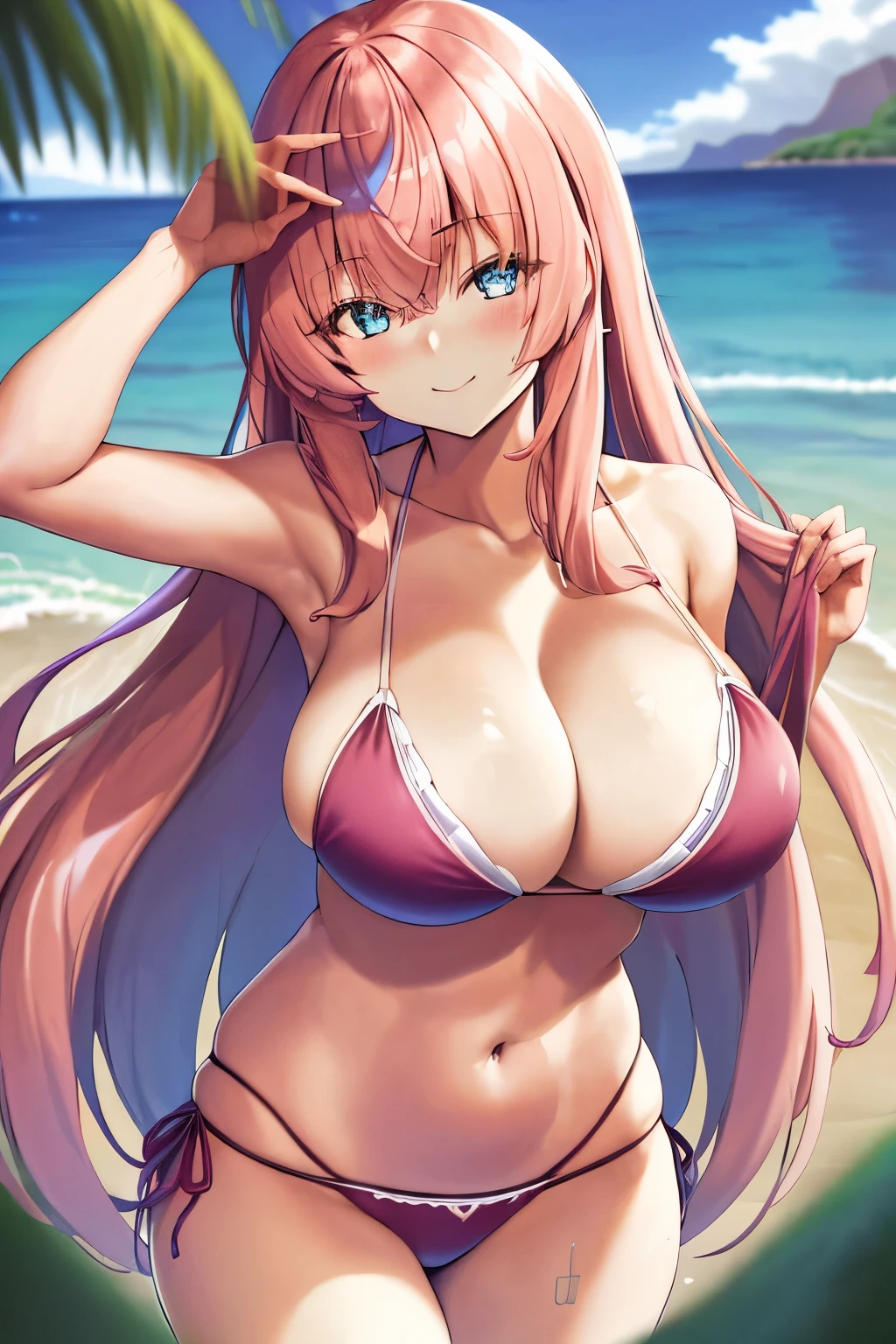 Big tits, masterpiece, best quality, highres, 1girl, ichinose honami, The landscape,With gorgeous pink hair,a blue eyes,Bigchest,(highdetailskin:1.2),laced dress,the shy,Happy,face flushed,Elegant, Ultra small and tight bikini, she wear only bikini, Smooth skin,back to look back,ssmile,close one eye, Background with((Hawaiian))