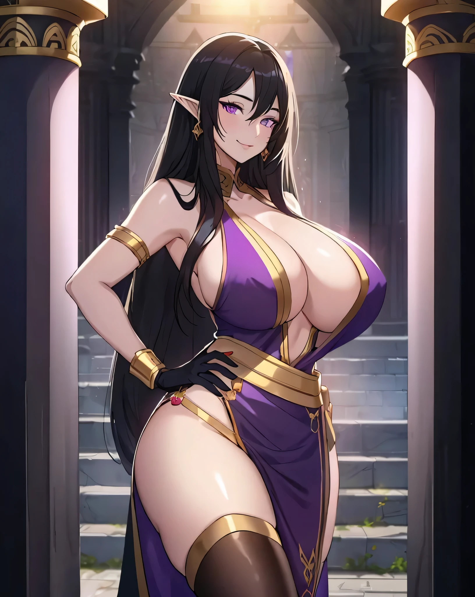 Lian, long black hair, long elf ears, hair stick, bangs, violet eyes, solo, smiling, standing, upper body, hips, bare shoulders,purple thighhighs,violet dress, gold jewelry,armor,gloves,circlet, cleavage, red and gold royal castle, gigantic breasts, (best quality, masterpiece, beautiful and aesthetic:1.2, highest detailed face, perfect face,)  eyes, perfect face,expressive eyes,
looking at viewer, in the center of the image,(Upper_body),(Focus on her face),
official art,extremely detailed CG unity 8k wallpaper, perfect lighting,Colorful, Bright_Front_face_Lighting,shiny skin, 
(masterpiece:1.0),(best_quality:1.0), ultra high res,4K,ultra-detailed

