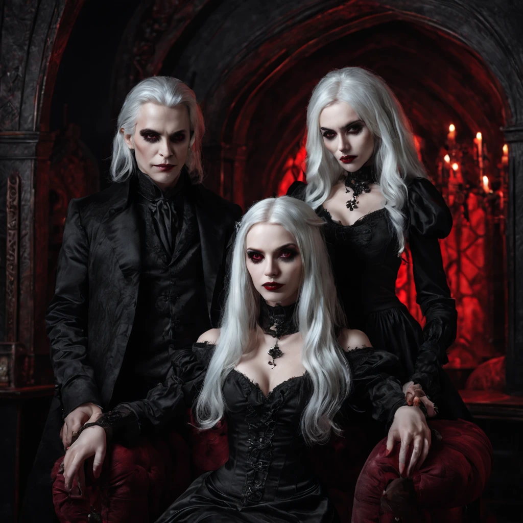 Ultra-realistic, gothic era, gothic atmosphere, gothic room, gothic candles, cup of red wine, couple of vampires in gothic style, the man is older, has long white hair, black pupils, vampire fangs, and wears gothic clothes, sits in a gothic-style armchair, the woman is younger, fiery red hair, long black gothic dress, pale face, red eyes, vampire fangs stands behind him, holding her hand on his shoulder. darkroom background, gothic style room, dark light, hdr raw photo