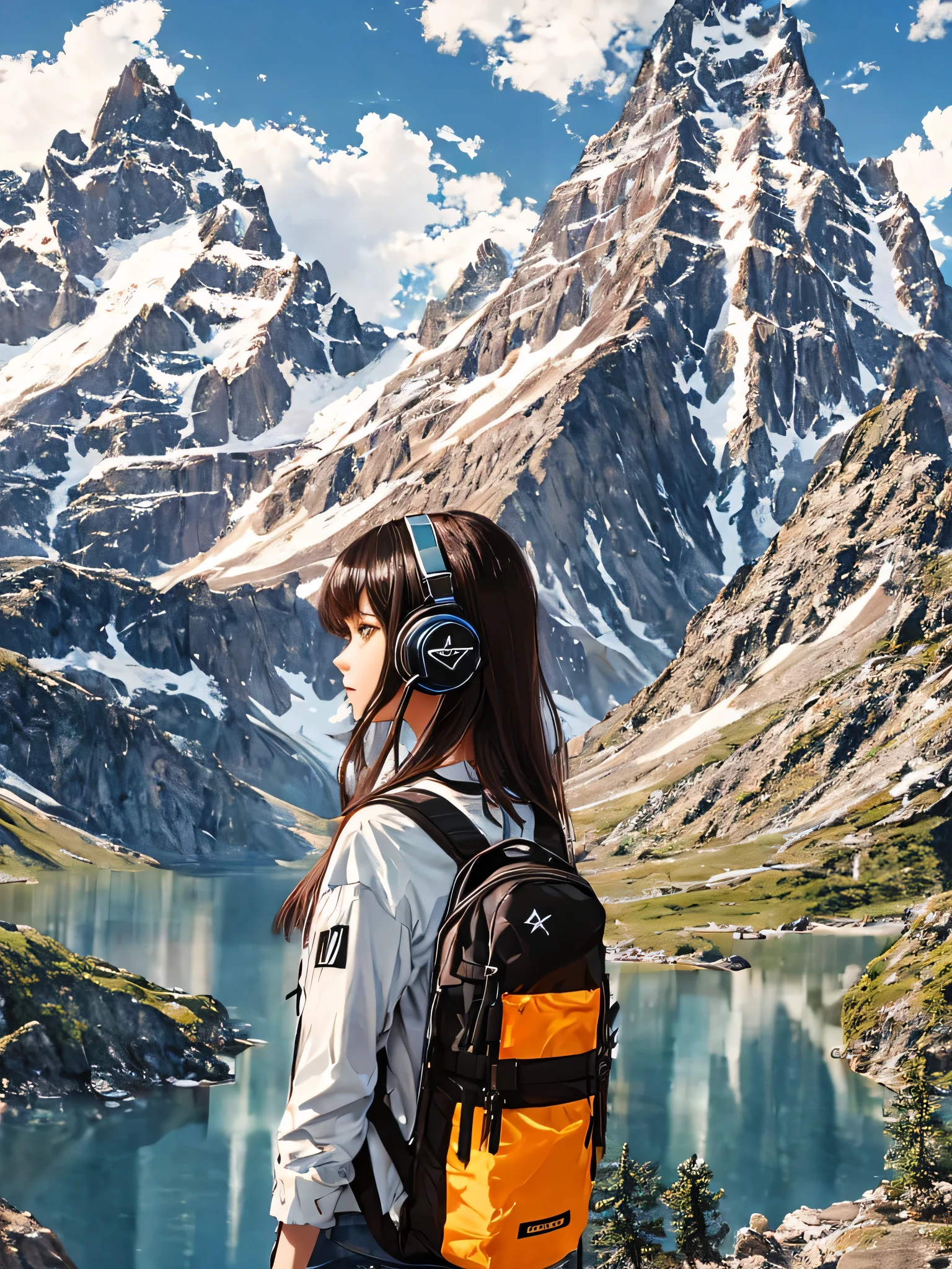 Girl with headphones and backpack looking at a Mountain, green aurora brilliant lights in background effects, detailed, very highly detailed portrait, 16K UHD detailed graphics