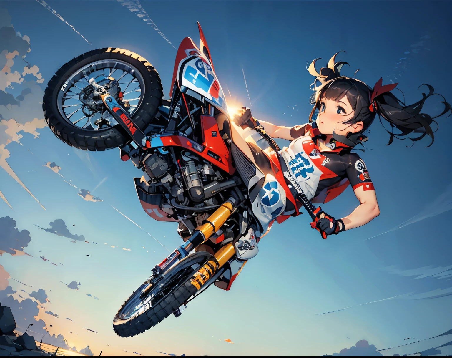 (masterpiece, highest quality:1.2), (bike, Radial tires, Wheelie:1.4), A girl riding a super cool bicycle, (from below:1.4),
utinoko, (:1.0), flat chest, twin tails, &that;roller:utinoko0402-000006:0.8:Char&GT;, (solitary:1.1),