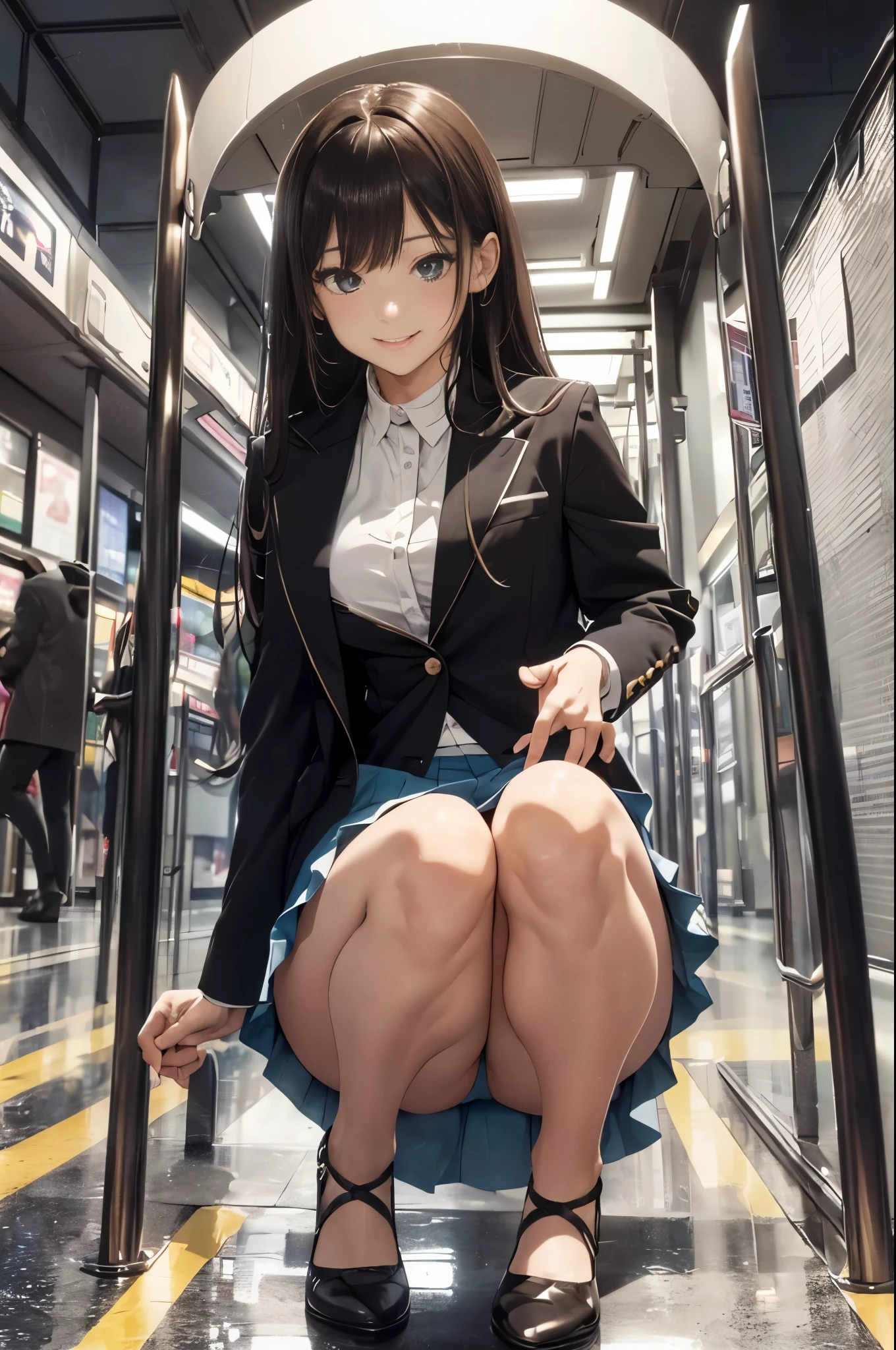 (Surreal)、(lamplight)、(A high resolution)、(8K)、(The content is very detailed)、(Best Best Illustration)、(beautidful eyes)、(quality)、(ultra - detailed)、(tmasterpiece)、(wall-)、(A detailed的the face)、solo、1 girl in、looking at viewert、Fine and detailed、A detailed的the face、In the darkness of the night、Depth shadows、low pitch、purebred face_v1、A smile、long、Black shawl straight hair、46 points oblique bangs,female student、(Brightly colored mini skirt,What about the lattice)、A smile, actual, realistically, hight contrast, photon maping, Authentic images, super detailing, low angles: 1.5, 1 girl, Alone: 1.5, pop star, Kaibo idol, dress up like k-pop, sexy for, Open your legs forward, Fancy makeup, blazer jacket: 1.3, short skirt: 1.3,, high-heels, M-shaped open legs: 1.3, Open your legs 180 degrees, with an open crotch: 1.3, long brown hair, wet white: 1.5, You can see it from under the skirt: 1.3, Height 170 cm,ctextured skin