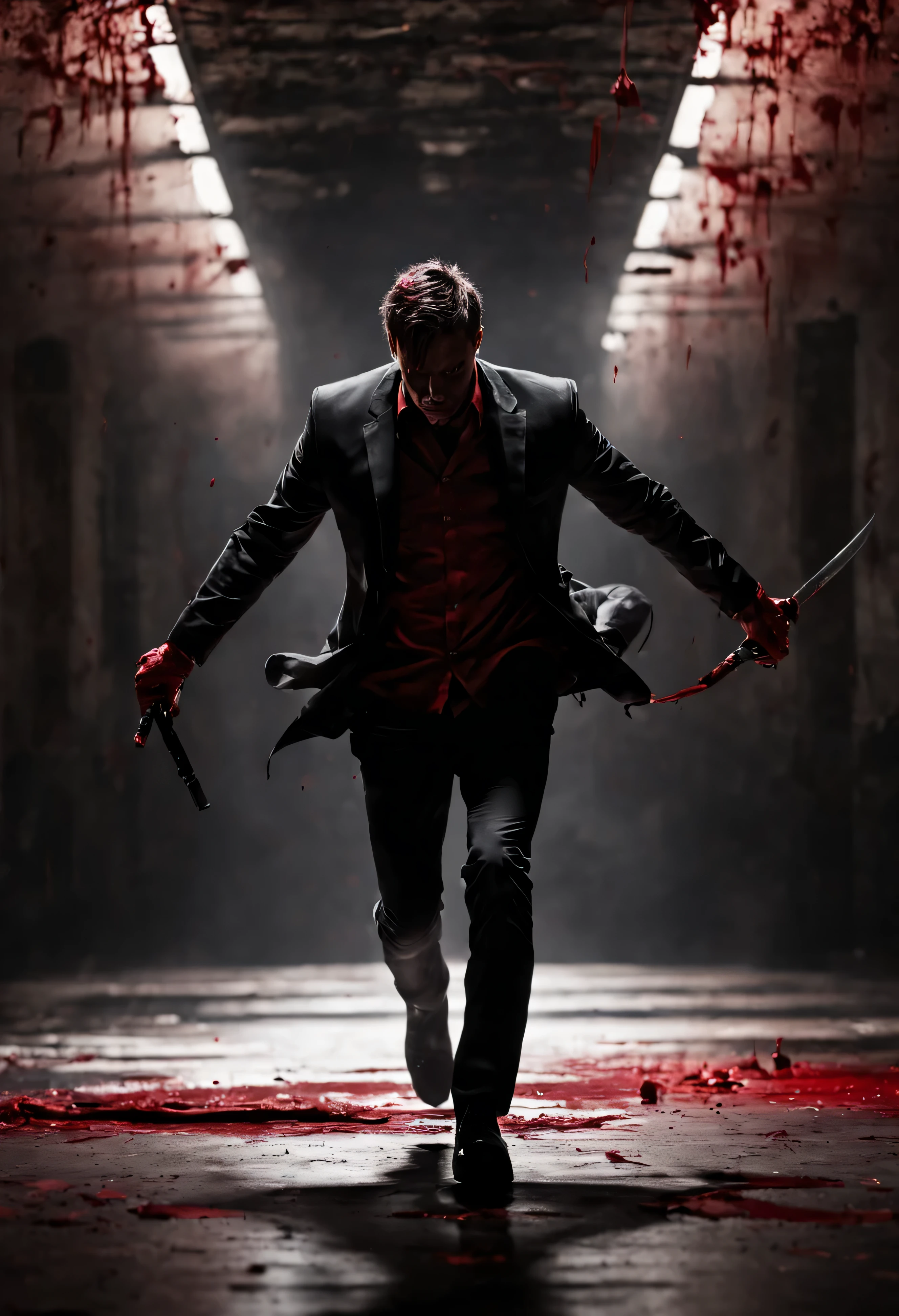 (aesthetically pleasing) dark abandoned room, table, (detailed) man viewed from behind wearing a black jacket, hold knive weapon, (sinister) detailed ray lighting, (disturbing) blood stains on the wall and floor, (intense) red color palette, (ominous) serial killer vibes, (gritty) grimy atmosphere