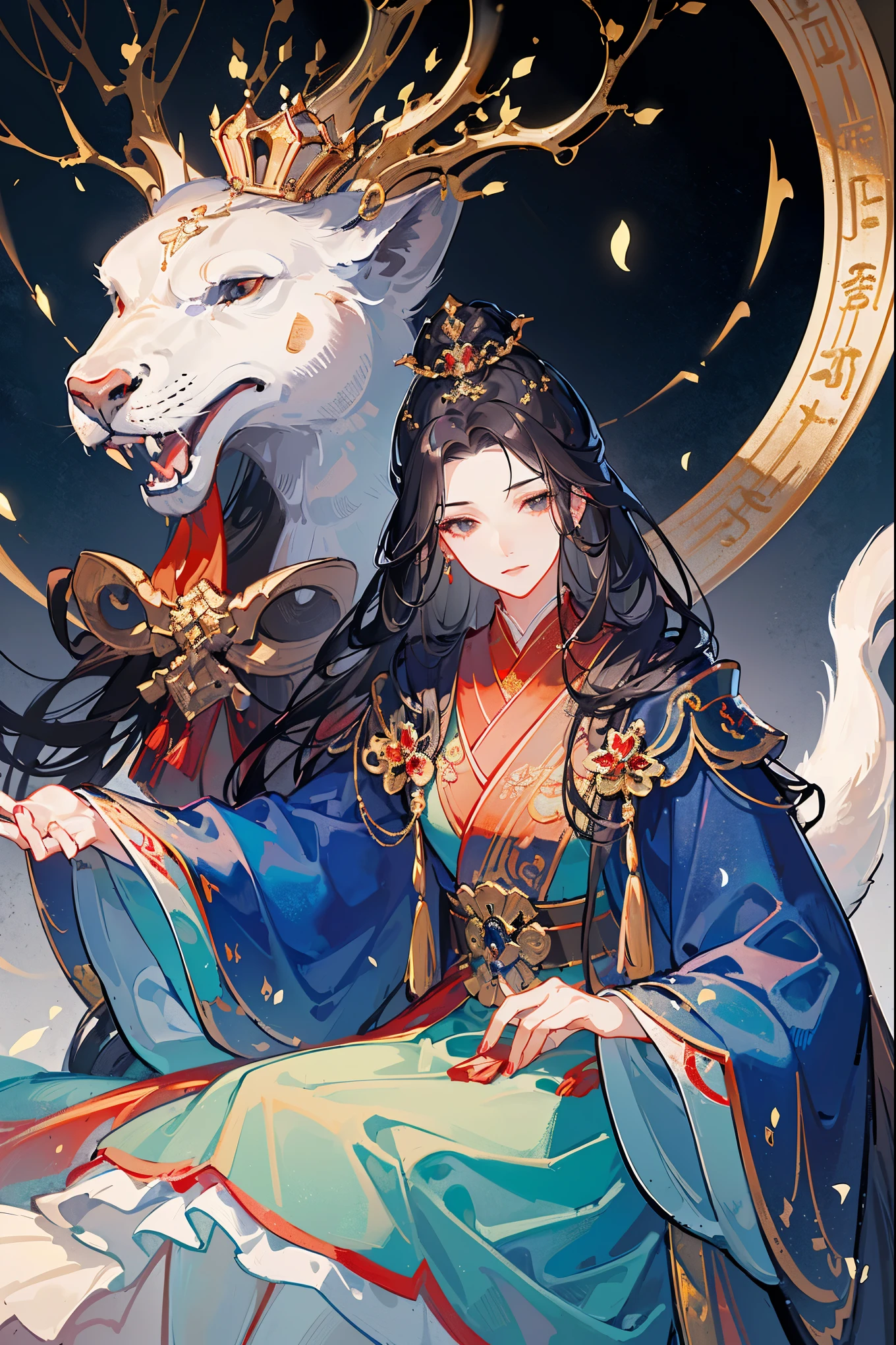 (extremely detailed 8K wallpaper),(ultra-detailed),(best quality),(masterpiece),(highly detailed),(cinematic lighting),(Original),Cold ligh,moody,(Chinese traditional painting),32K depth of field,1girl,(Queen),((image of female emperor)),((Immortal)),(long black hair),((Majestic expression)),red clothes,palace