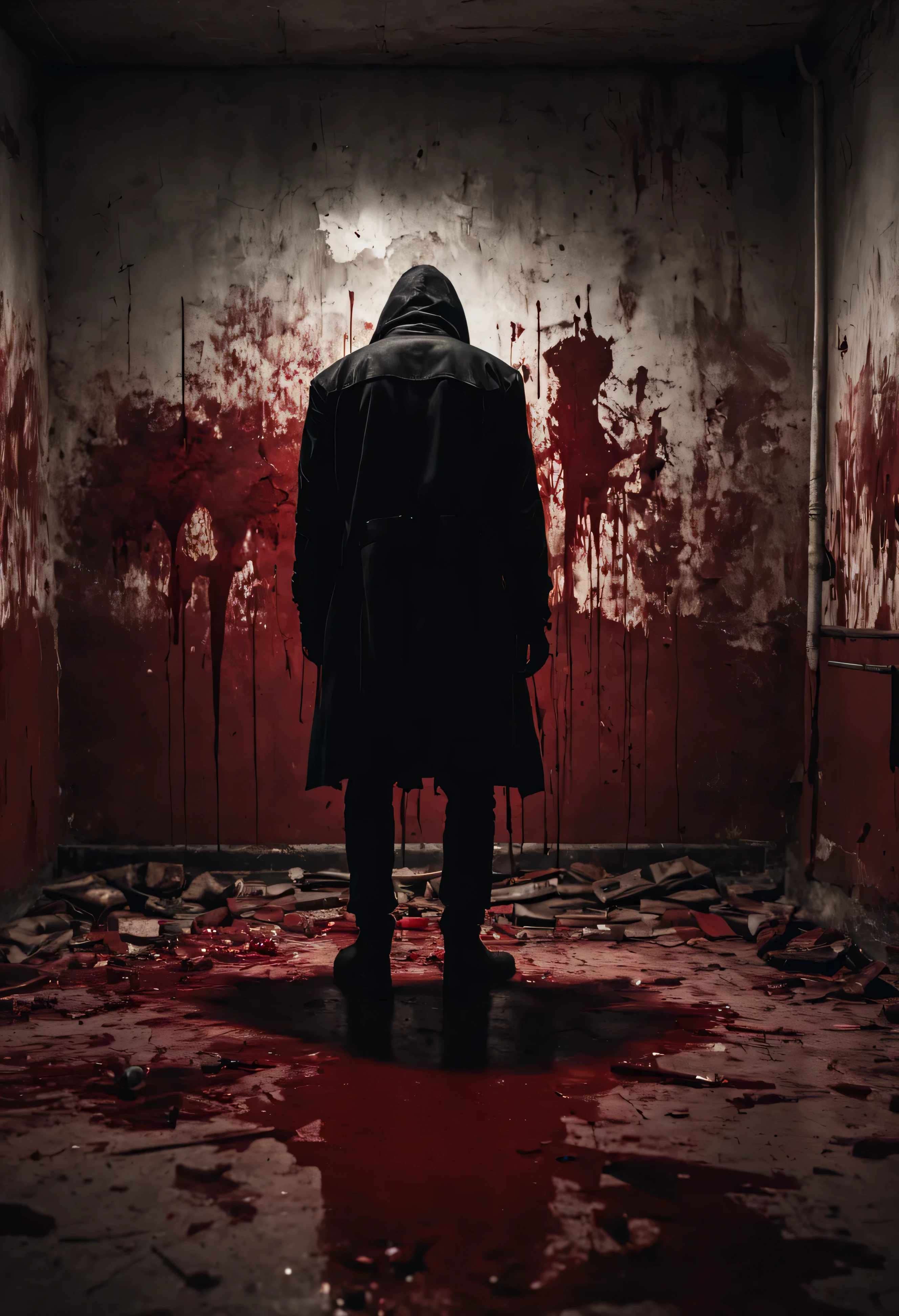 (aesthetically pleasing) dark abandoned room, table, (detailed) man viewed from behind wearing a black jacket, hold knive weapon, (sinister) detailed ray lighting, (disturbing) blood stains on the wall and floor, (intense) red color palette, (ominous) serial killer vibes, (gritty) grimy atmosphere