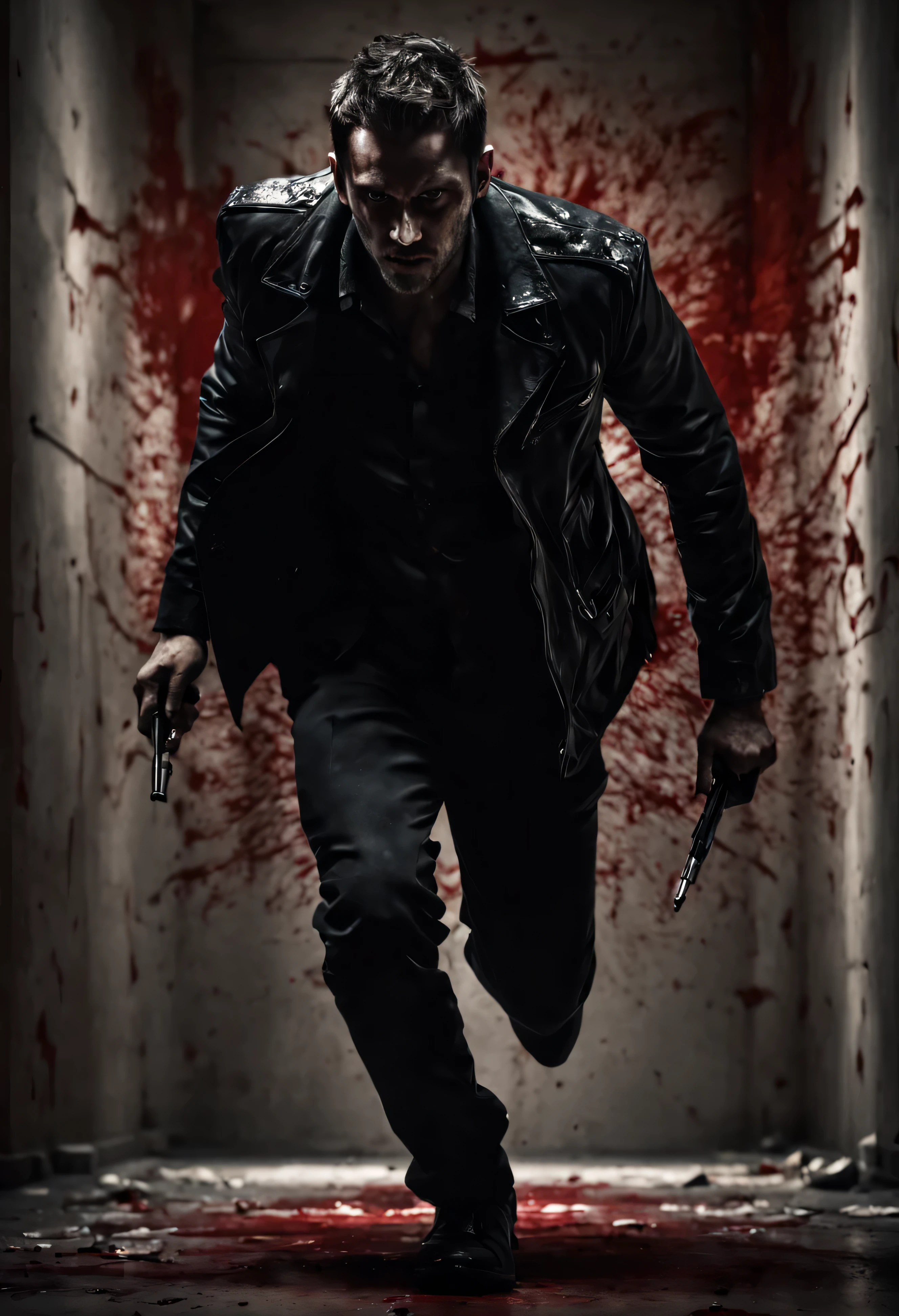 (aesthetically pleasing) dark abandoned room, table, (detailed) man viewed from behind wearing a black jacket, hold knive weapon, (sinister) detailed ray lighting, (disturbing) blood stains on the wall and floor, (intense) red color palette, (ominous) serial killer vibes, (gritty) grimy atmosphere