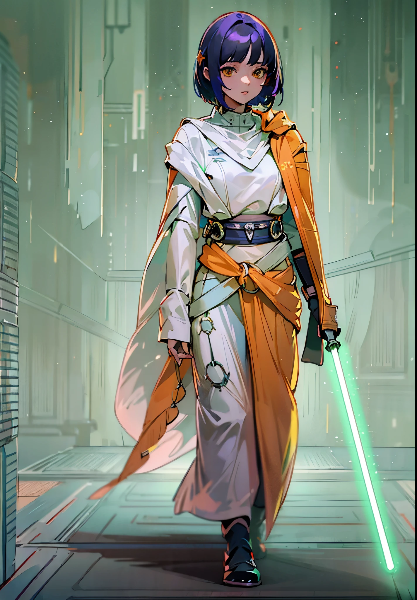 1Female, Adult, Perfect Generation, Masterpiece Quality, Black and Purple Hair, Two Toned Hair, Short Hair, Yellowish Orange Eyes, Dark Background, White Jedi Clothes, Star Wars, Star Wars Helmet, Walking On Path