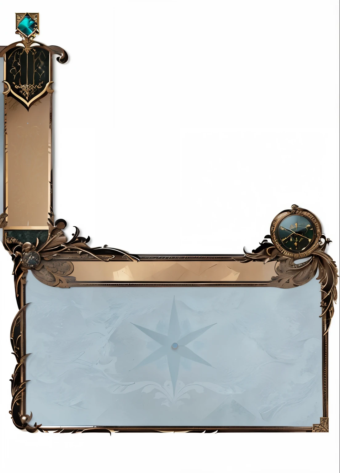 There is a picture of a mirror,There's a clock on it, ornate borders + concept art, Game coverage, inside stylized border, theme :'Icewind Dale', stylized border, ornate frame, Magic book page, ornate border, ornate border frame, background bar, Complex user interface, Icicle background, Extremely high level of detail, mirror background, game interface