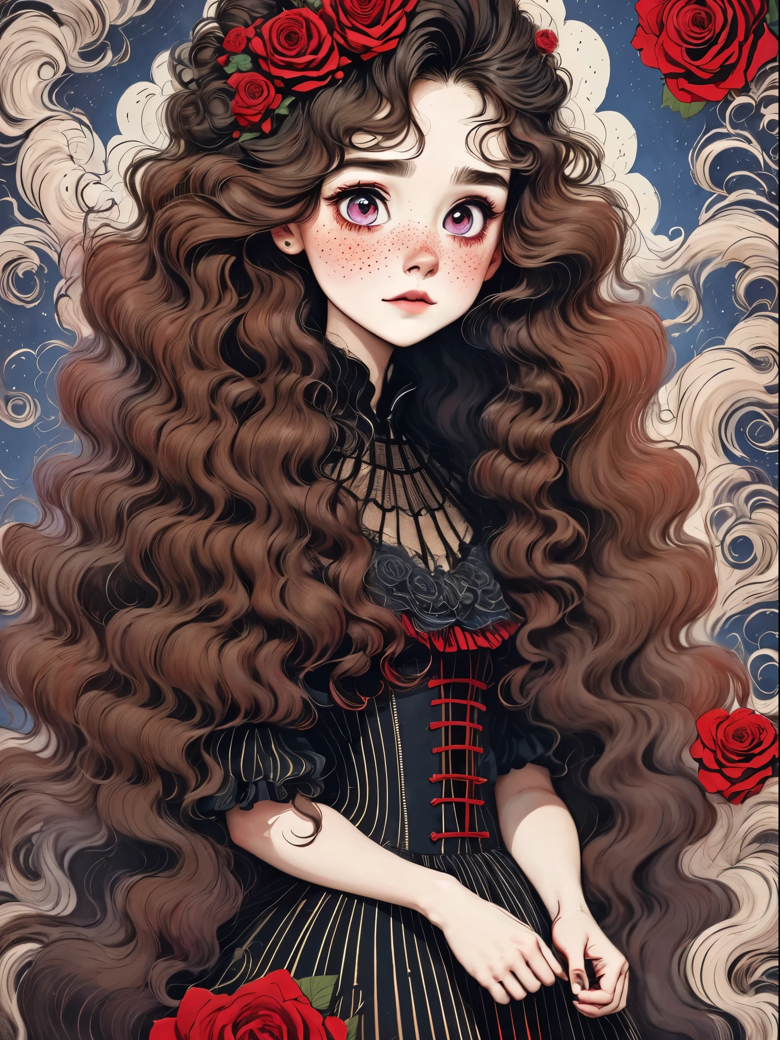 best quality，masterpiece：1.2，detailed details，Ghost doll girl,big eyes，small freckles， Halloween dresses，Red hair，Gothic，蒸汽朋克Gothic维多利亚风格, dark, psychology, Surrealism, sublimation, subconsciousness, mood, enthusiasm, pink、White and red details, Rose background，Green smoke from hair, Blue smoke background, Soft red and blue light,bright，Hand bones
