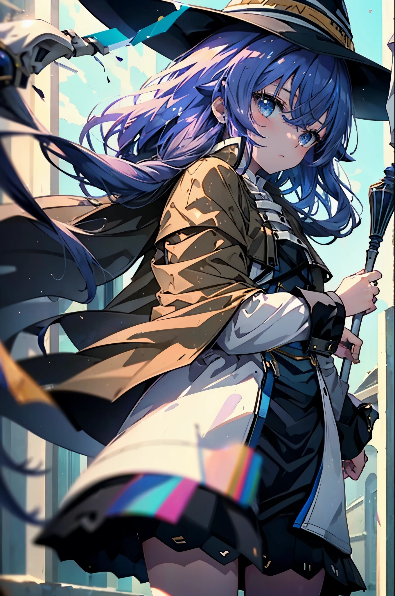 masterpiece, highest quality, 1 girl,witch hat,blue hair,very long hair,twin blade,hair ribbon,blue eyes,brown cloak,long sleeve, black skirt,staff,holding staff,