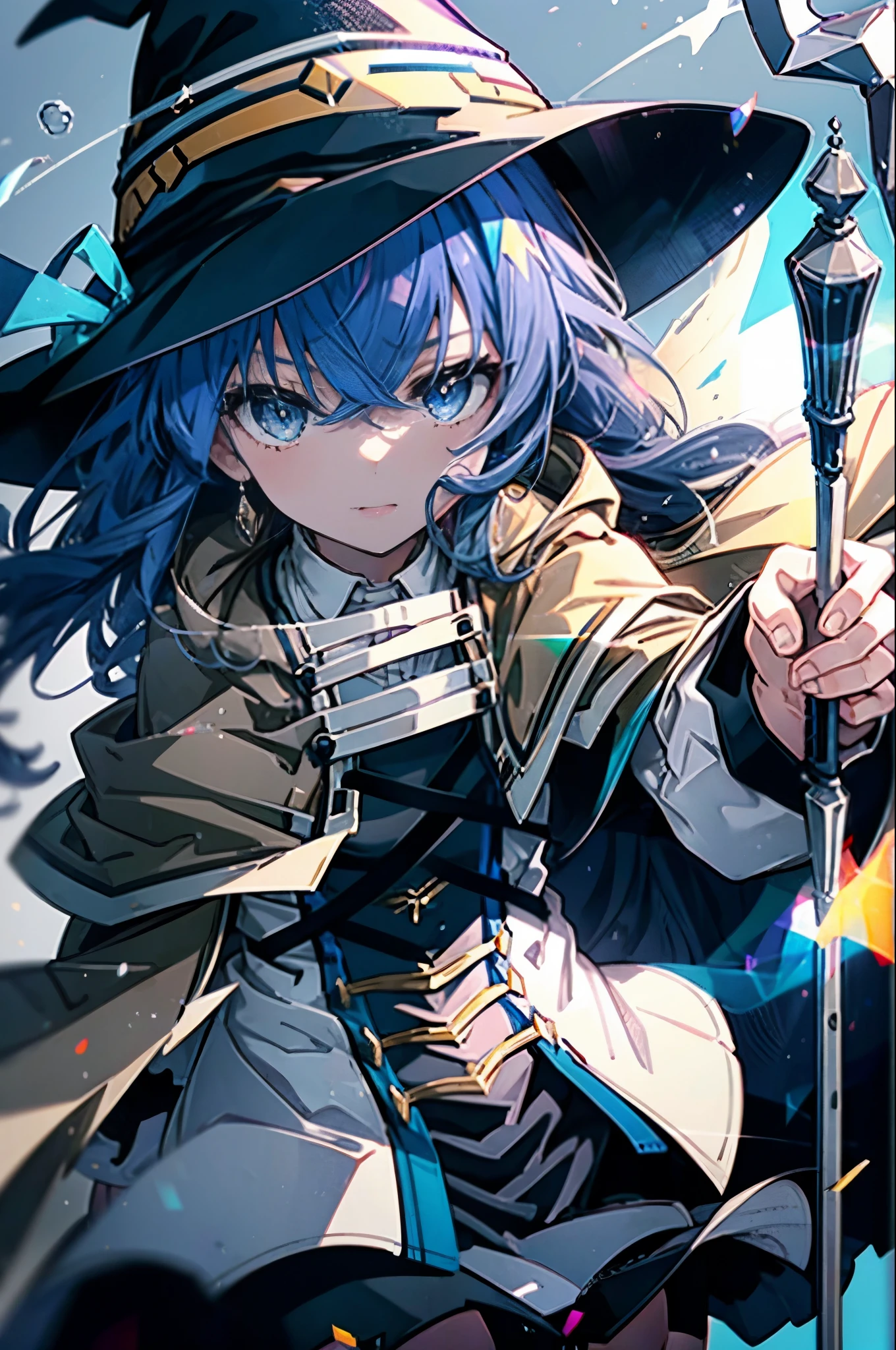 masterpiece, highest quality, 1 girl,witch hat,blue hair,very long hair,twin blade,hair ribbon,blue eyes,brown cloak,long sleeve, black skirt,staff,holding staff,