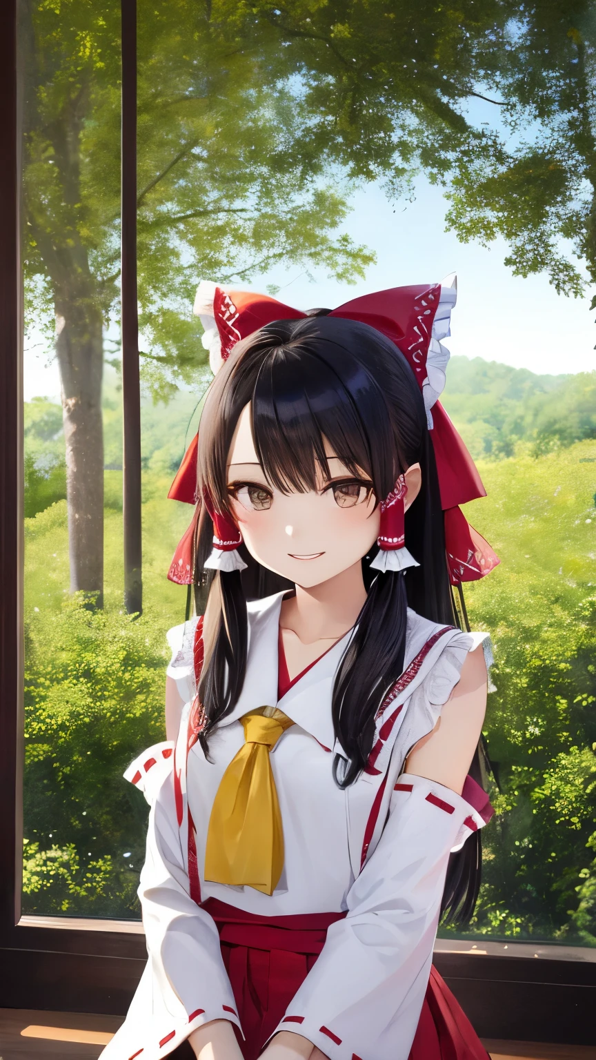 Detailed background, masterpiece, best quality, 1 girl, Hakurei Reimu, brown hair, capillary, Headband, brown eyes, unconventional miko, A forest full of purple and white trees, firefly, water, purple theme, white theme, mystery, magic,seductive smile,