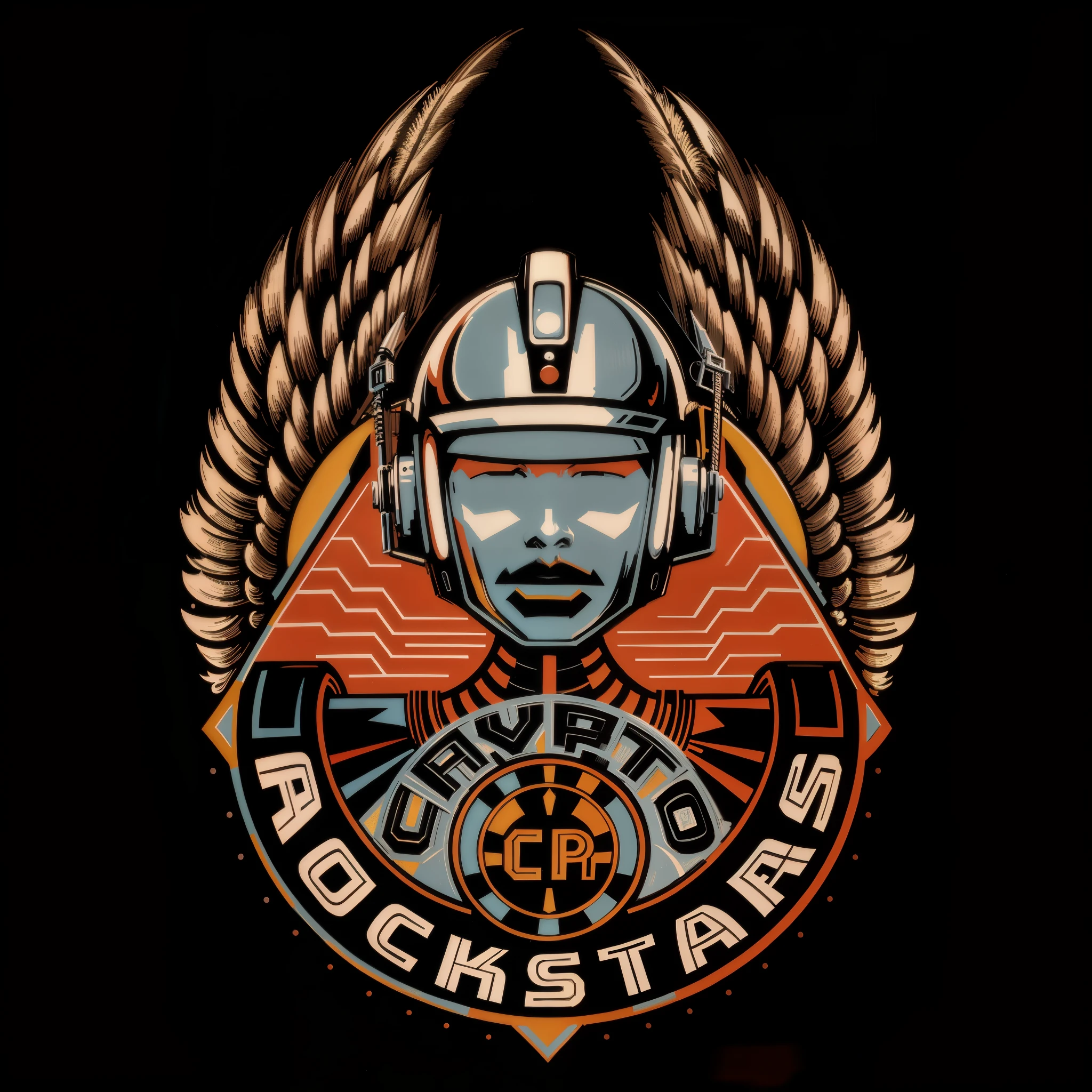 There is a picture of a logo with a helmet and wings, Logo-Kunst, Heavy-Metal-Kunststil, Offizielles Kunstwerk, von Wayne Reynolds, offizielles Plakatkunstwerk, Stil von hydro74, cryptopunk with pit vipers, Werbekunstwerk, Heavy-Metal-T-Shirt-Design, RGP-Kunstwerk, Copyright TSR 1989, Vollfarbige digitale Illustration
