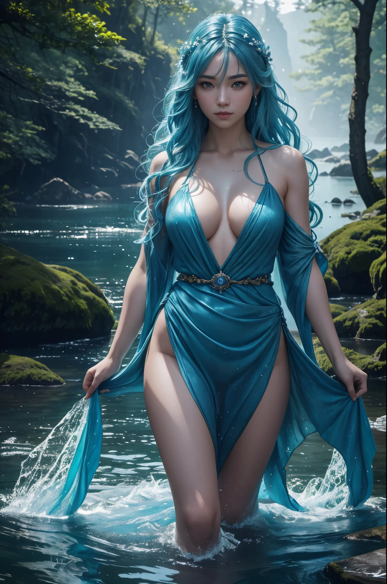 8K,Water Spirit Undine,A body made only of water(whole body),lake in the forest,Beautiful mountains in the distance々,beautiful expression,beautiful dress of water,beautiful blue hair,masterpiece,Photorealistic RAW photos of the highest quality。bright colors,rich colors, Backlight, cinematic lighting, film grain, to be born, 50mm lens, Nikon D850,detailed character art,fantasy art,ultra high resolution,Super realistic,