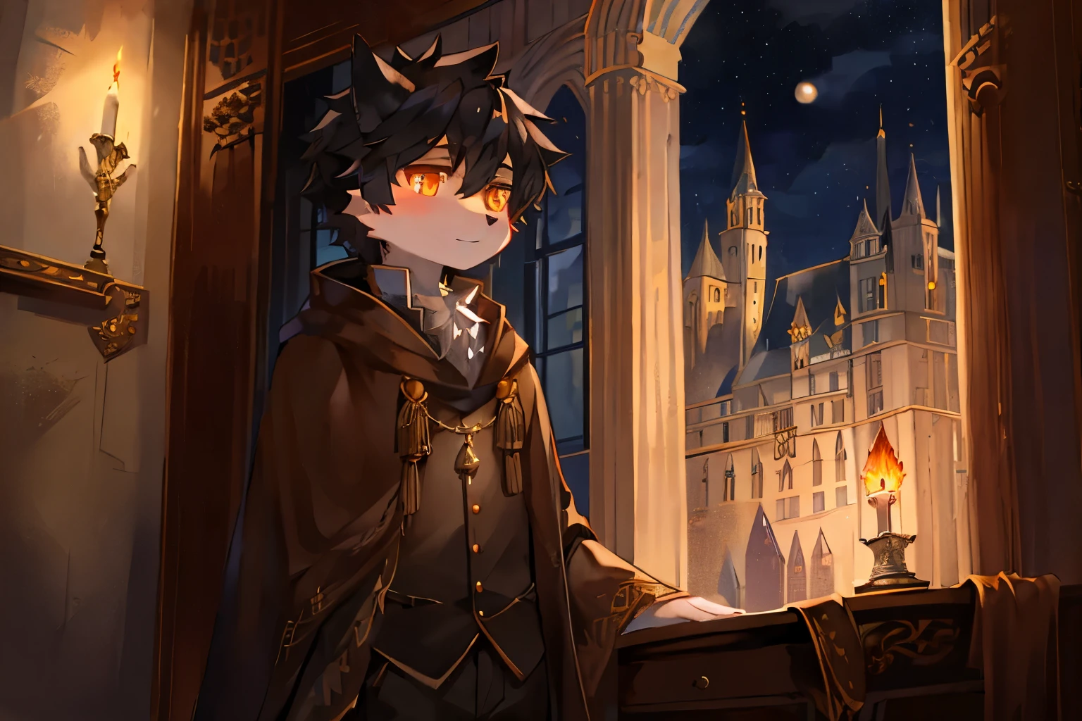 A black-haired wolf，castle，window，table，starry sky，moon，noble，Lovely shota，巨大的table，castle，brown coat，shawl，standing，looking out the window，Orange crystal eyes，Knighthood，Hanfu