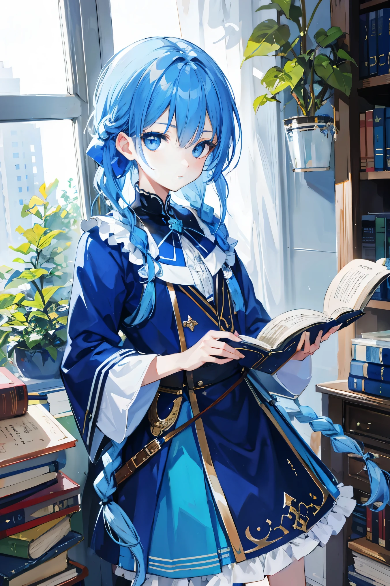 Blue braids,blue colored eyes,hold a book in hand