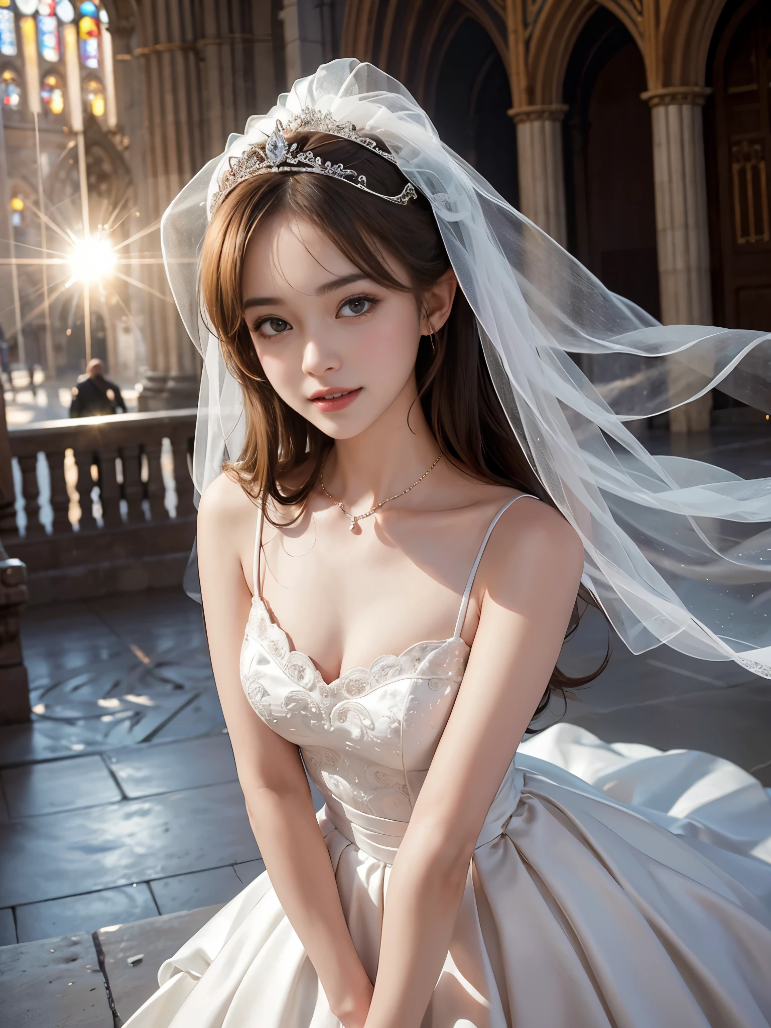 only 1 girl, huge laugh, thin collarbone, medium chest, make her sit, cute teen, sweet, sun glare, Conservative attire, wedding dress, bridal tiara, bridal veil, bouquet, depth of field, blurred background, Cathedral Background, light particles, strong wind, head tilt, looking back, long hair