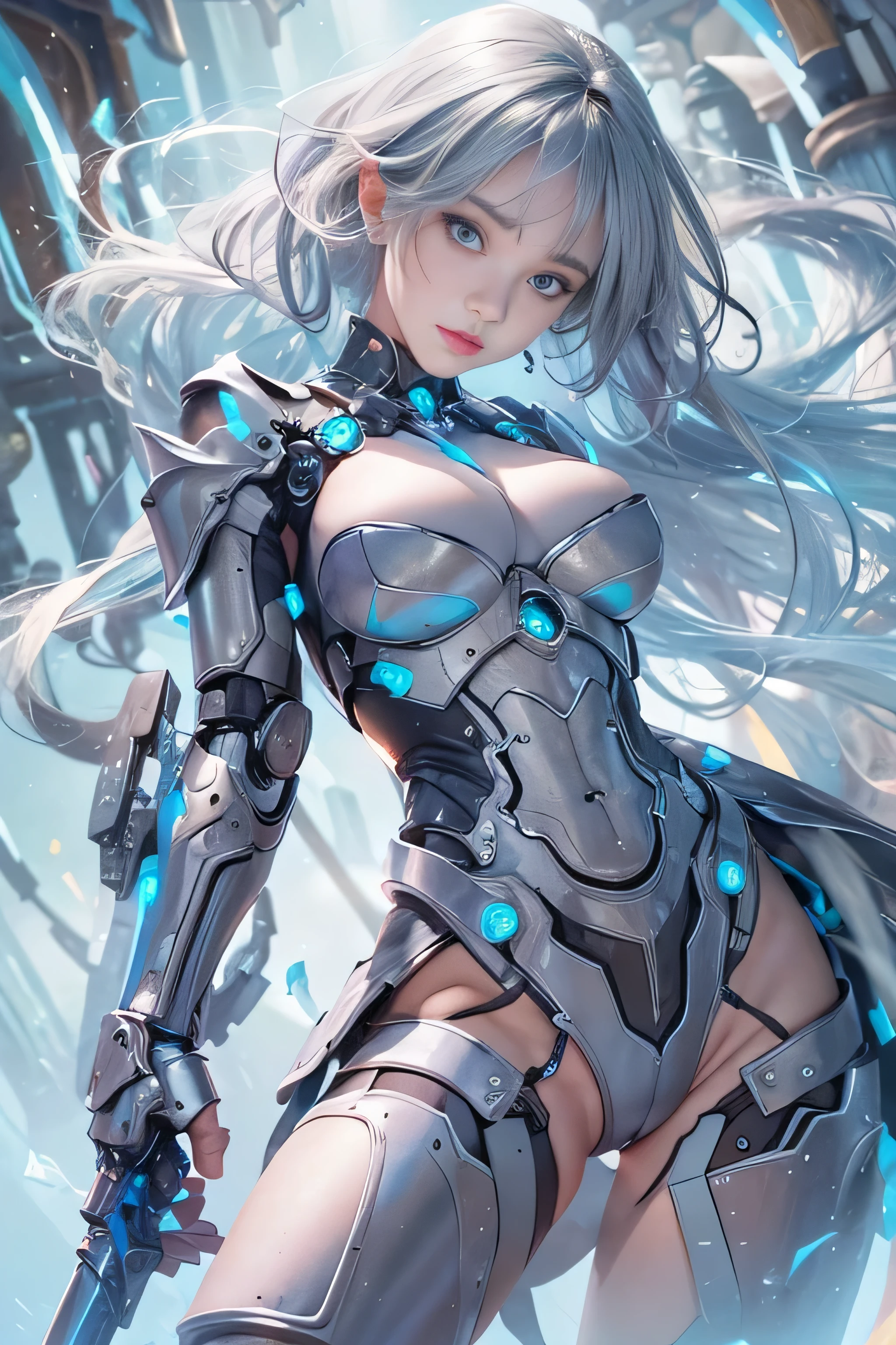 (NSFW), ((1 female:1.4)), one personで, 18-year-old, 7 head and body, (cute face), (Beautiful shining blue eyes:1.4), (ideal body proportions), (An android with a mechanized left leg and left arm.:1.4), (platinum metal machinery), length , chest fantasy, cleavage, big breasts, (Underboo Boo:1.4), magic effect, ((West Cape Armor)), (Costumes that dig into the crotch), has a big sword, , strong wind, My clothes are transparent, Wet, short hair, black hair, , thin, small ass, beautiful feet, thin脚, surrealism, cinematic lighting, written boundary depth, one person&#39;point of view, f/1.8, 135mm, nffsw, battle pose, table top, Accurate, ((anatomically correct)), rough skin, Super detailed, advanced details, high quality, award-winning, 最high quality, High resolution, 8k