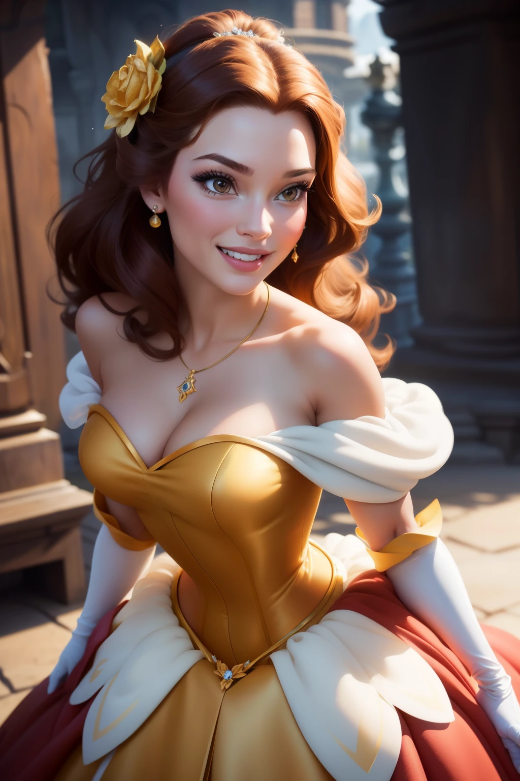 belle, 1girl, solo, long hair, smile, brown hair, hair ornament, gloves, dress, bare shoulders, jewelry, flower, earrings, elbow gloves, hair flower, necklace, rose, hand fan, stairasterpiece:1.2), (best quality), (ultra detailed), (8k, 4k, intricate),(full-body-shot:1), (highly detailed:1.2),(detailed face:1.2), (detailed background),detailed landscape, (dynamic angle:1.2), (dynamic pose:1.2), princess Belle, nacked , short dress 