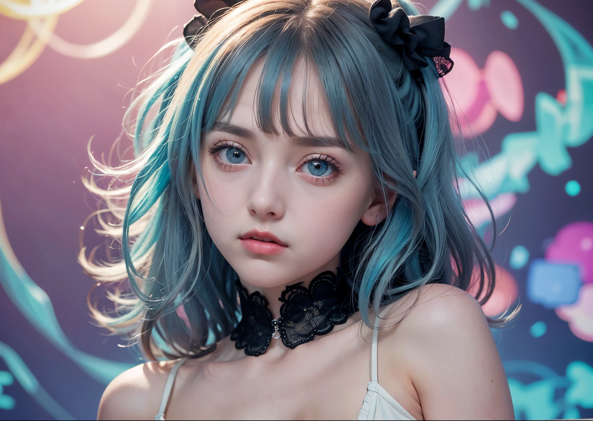 Psychedelic world、****ta fashion、Cute 1 girl、18 year old girl、big eyes、small breasts、light blue hair、colorful gel background、fractal background、perfect lighting、sharp focus、High definition、high resolution、High color rendering、High resolution、Super realistic、photo realistic 