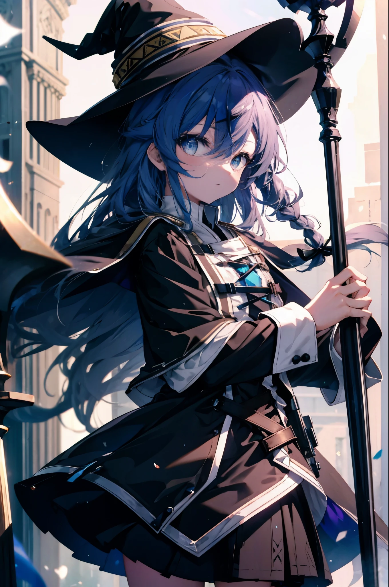 masterpiece, highest quality, 1 girl,witch hat,blue hair,very long hair,twin blade,hair ribbon,blue eyes,brown cloak,long sleeve, black skirt,staff,holding staff,