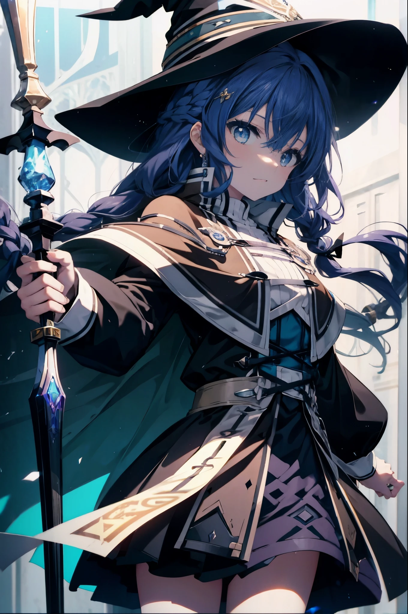 masterpiece, highest quality, 1 girl,witch hat,blue hair,very long hair,twin blade,hair ribbon,blue eyes,brown cloak,long sleeve, black skirt,staff,holding staff,