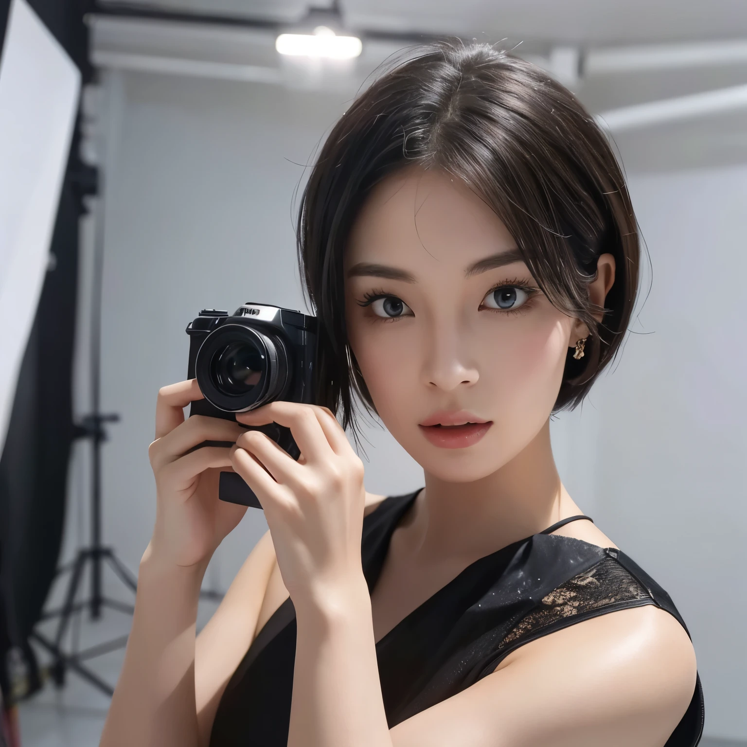 in a photo studio for taking pictures, in elegant fashion, looking at viewer, upper body, close up, short hair,